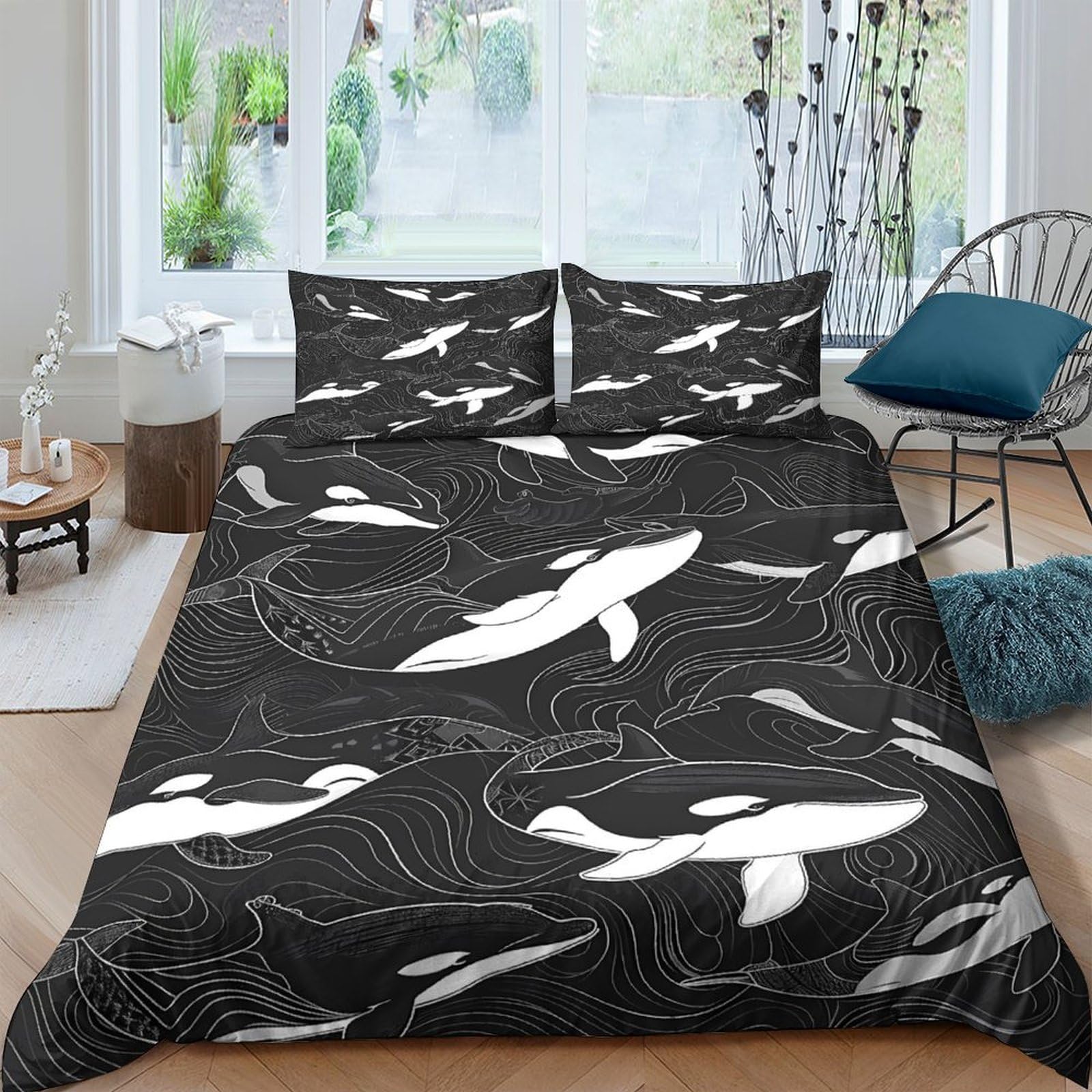 GPLZQXKJNH 3D Printed Orca Whale Duvet Cover Set Microfiber Black Ocean Bedding Set with 2 Pillowcases for Bedroom Decor Single（135x200cm）