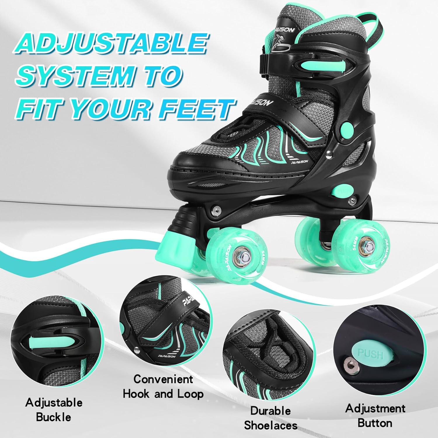 PAPAISON Roller Skates for Girls Ages 8-12, Adjustable Size Youth Women Quad Skates with Light up Wheels Indoor Outdoor