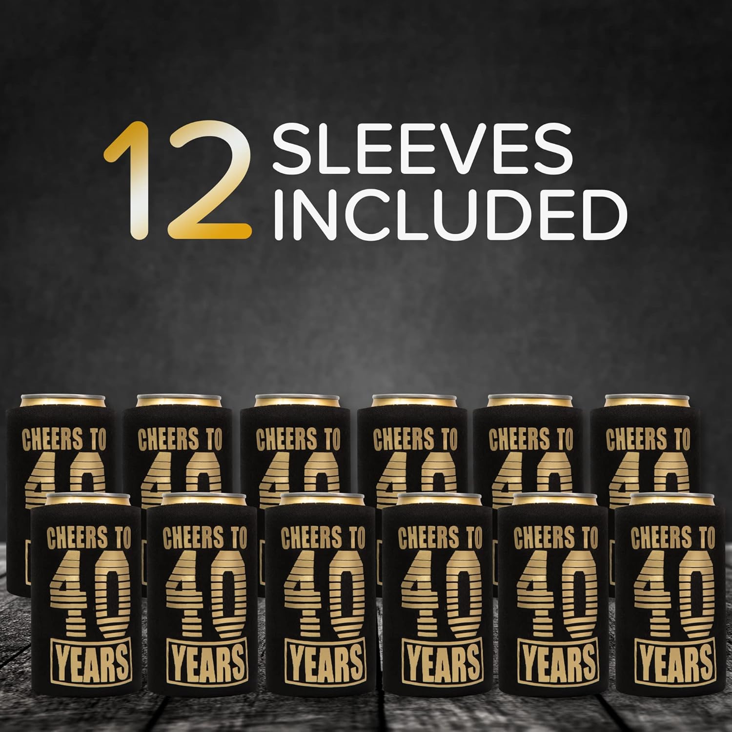 Thin Seltzer Can Cooler 12 Pack - Happy 40th Birthday Favors for Men and Women - Printed on Both Sides Fits All Cans and Bottles - Thermocooler Insulated Beverage Sleeve - Black & Gold: Home & Kitchen