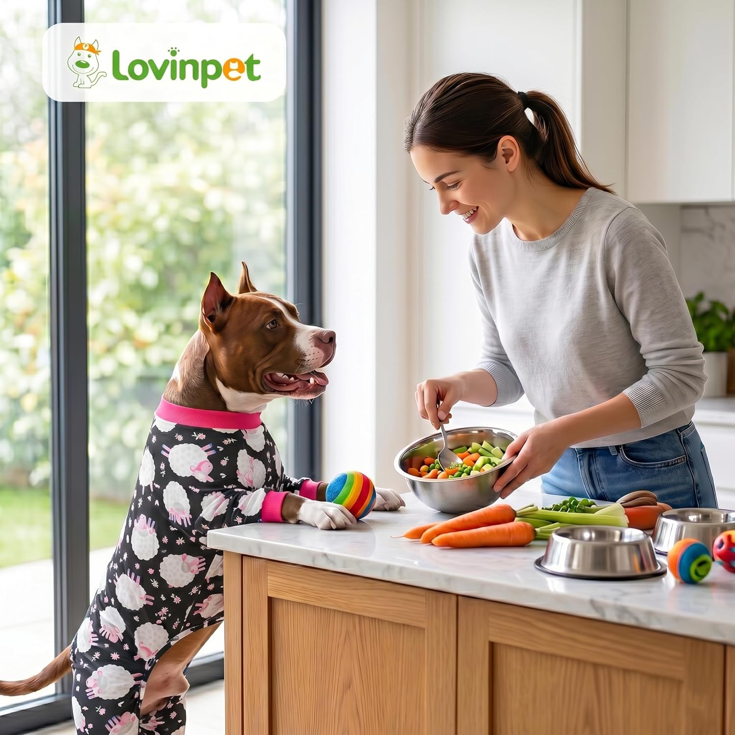 LovinPet Pet Pajamas for Large Dogs, Anxiety Calming Dog Jumpsuit, Lightweight Onesie, Black Sheep Print, Large Dog Pjs, Long Sleeve Pullover for Dogs, L
