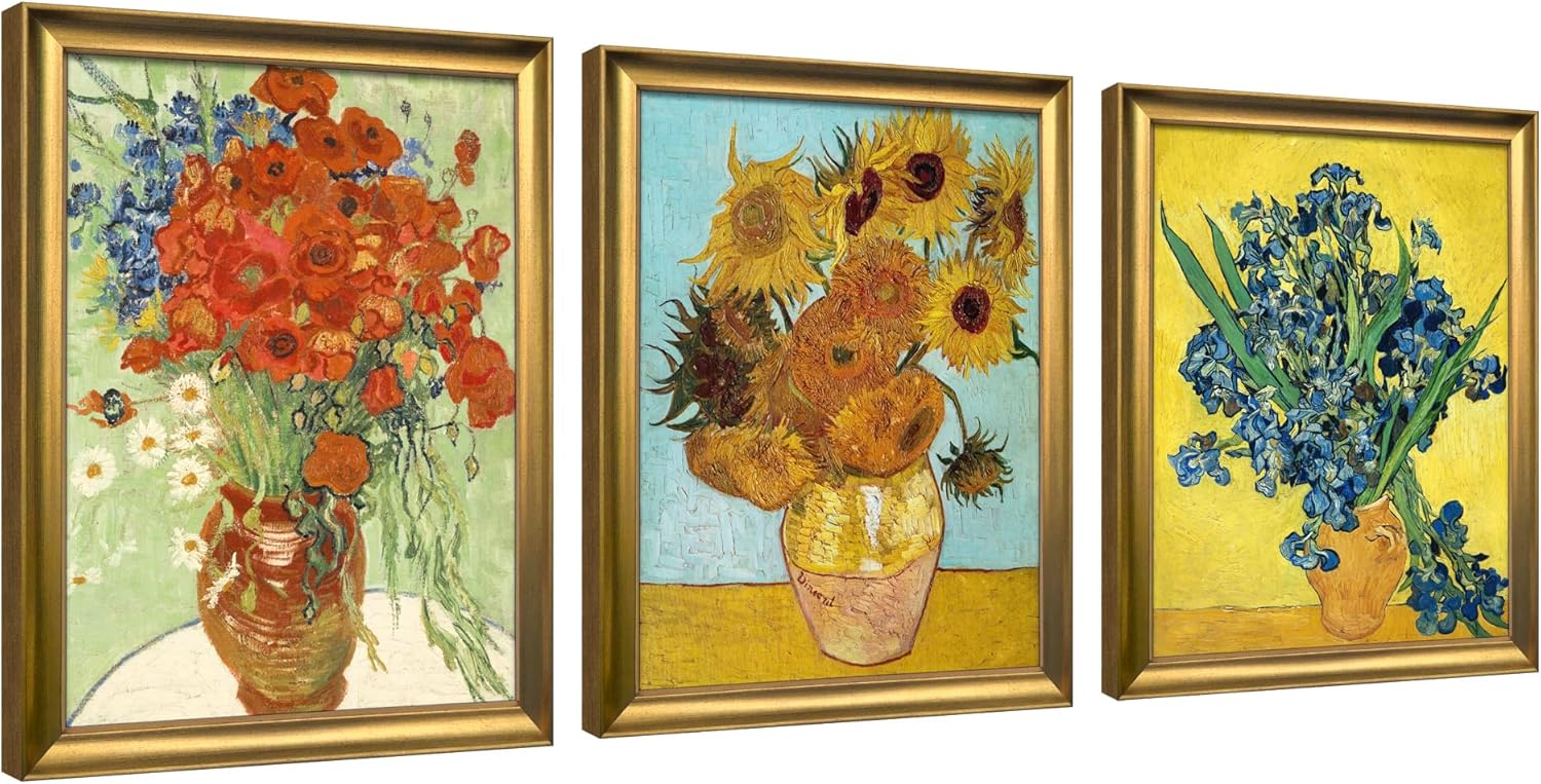 Wieco Art Framed 3 Panels Wall Art of Vincent Van Gogh Paintings Red Poppies and Daisies Sunflower Irises in Vase Canvas Prints for Wall and Home Decorations Bronze Gold Frame