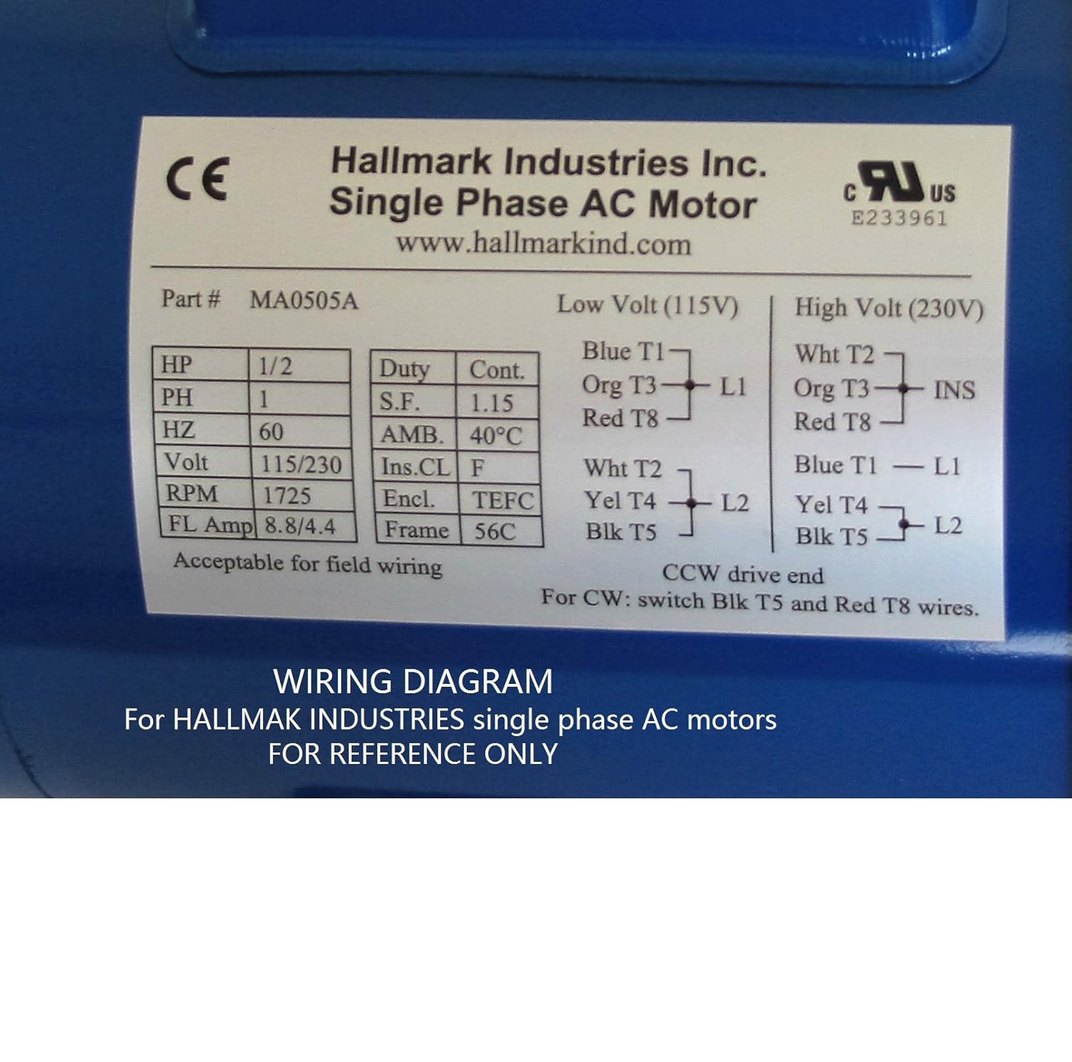 Hallmark Industries MA0505A AC Motor, 1/2 hp, 1725 RPM, 1PH/60 hz, 115/208-230V AC, 56C/TEFC, Cap Start, with Foot, SF 1.15, Steel (Pack of 1)