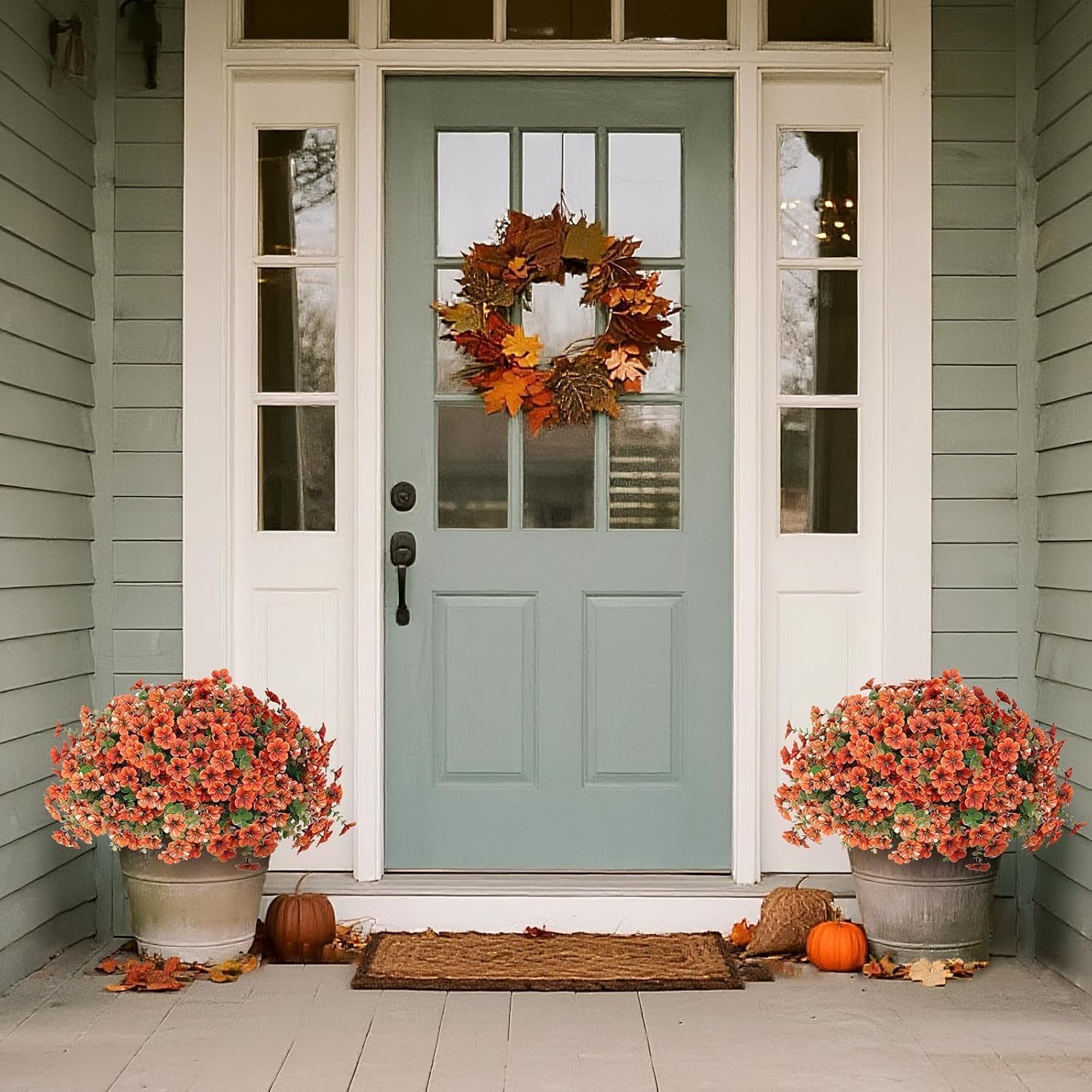Artificial Flowers for Outdoor Fall Decoration-Faux Flower Petunia with Eucalyptus Fake Plants Boxwood for Front Door Planter Home Garden Porch Patio Thanksgiving Autumn Decor-12 Bundles (Orange) - Image 3