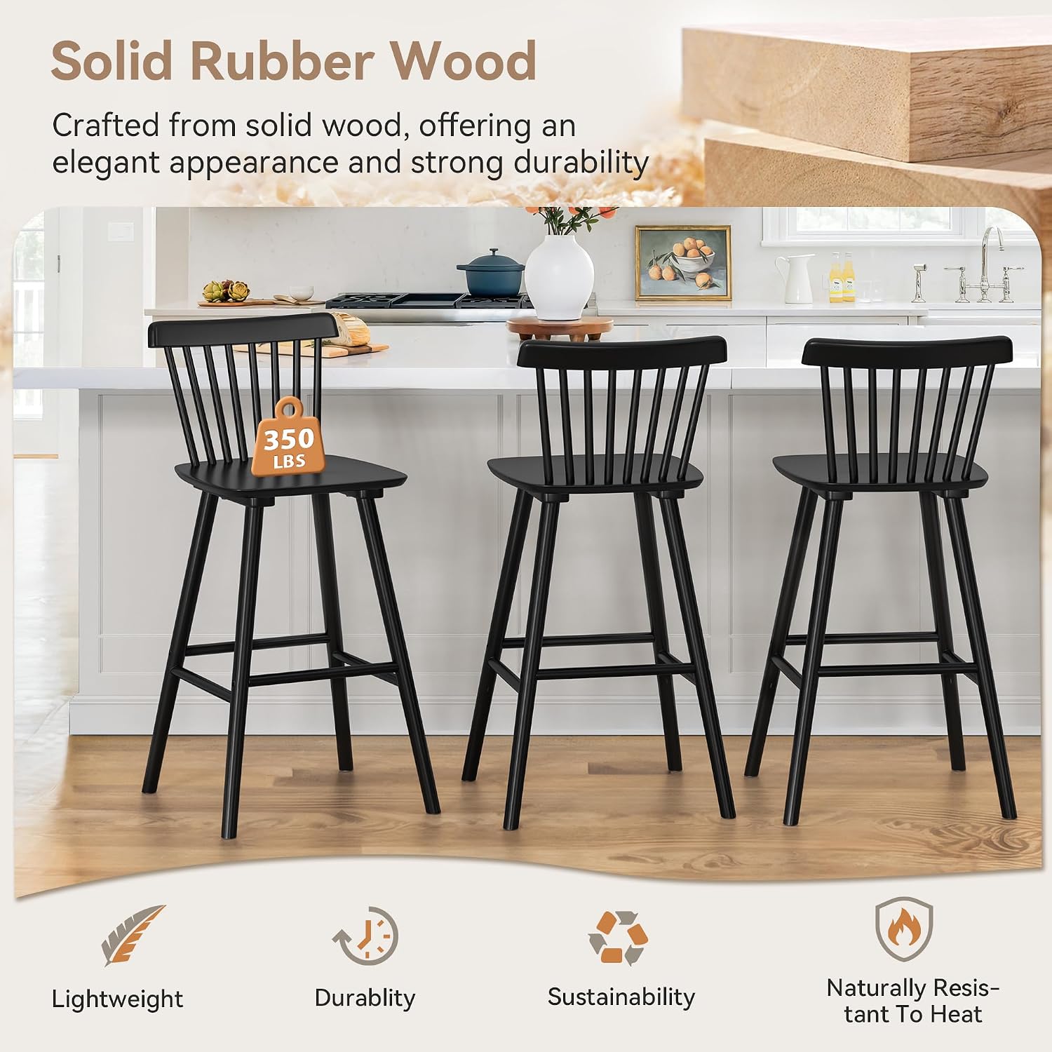LUE BONA Upgraded Windsor Wooden Black Bar Stools Set of 3, 30 Inch Bar Height Barstools with Spindle Back/Bigger Seat for Kitchen Island