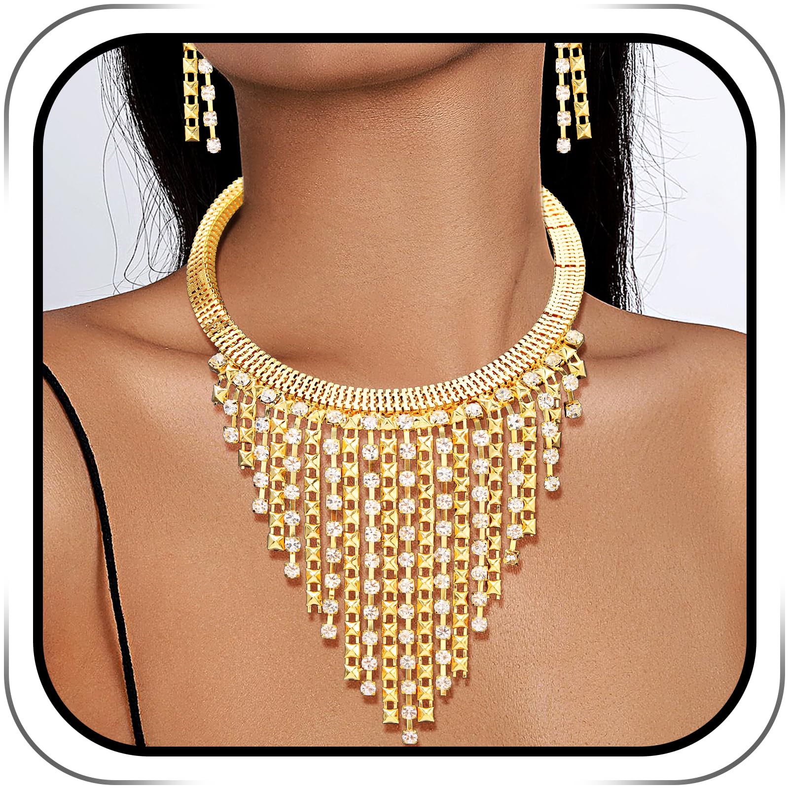 Ethnic Chunky Choker Necklace - Rhinestone Gold Bib Collar, Tribal Statement Costume Jewelry - View #2