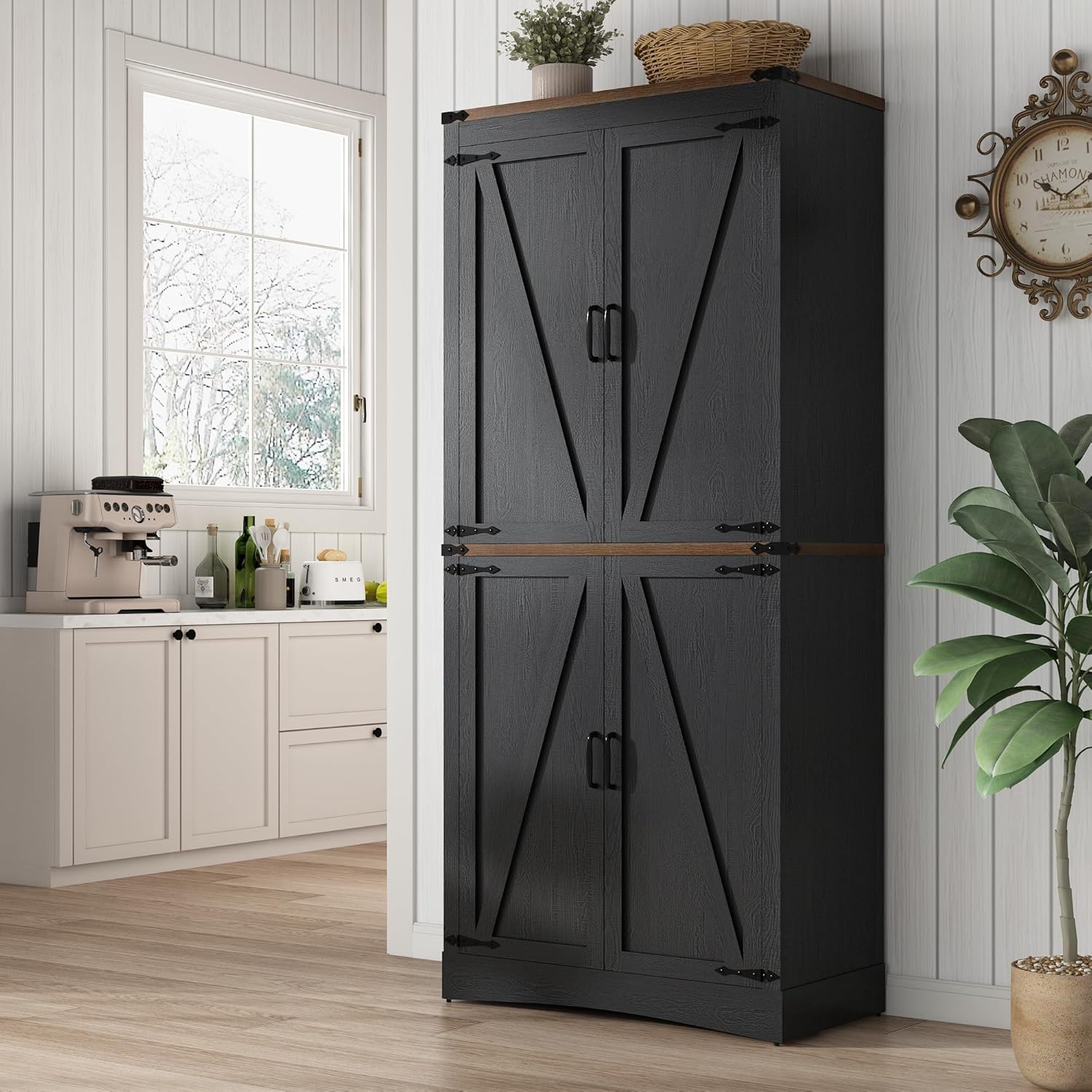 71in Farmhouse Kitchen Pantry Cabinet,Tall Storage Cabinet with 4 Doors and Adjustable shelves,with Load-Bearing Steel Pipe,Wood Storage Cabinets for Kitchen,Dining Room,Bathroom(Rustic Blue)