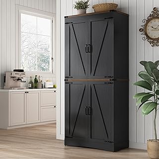 71in Farmhouse Kitchen Pantry Cabinet,Tall Storage Cabinet with 4 Doors and Adjustable shelves,with Load-Bearing Steel Pipe,Wood Storage Cabinets for Kitchen,Dining Room,Bathroom(Black)