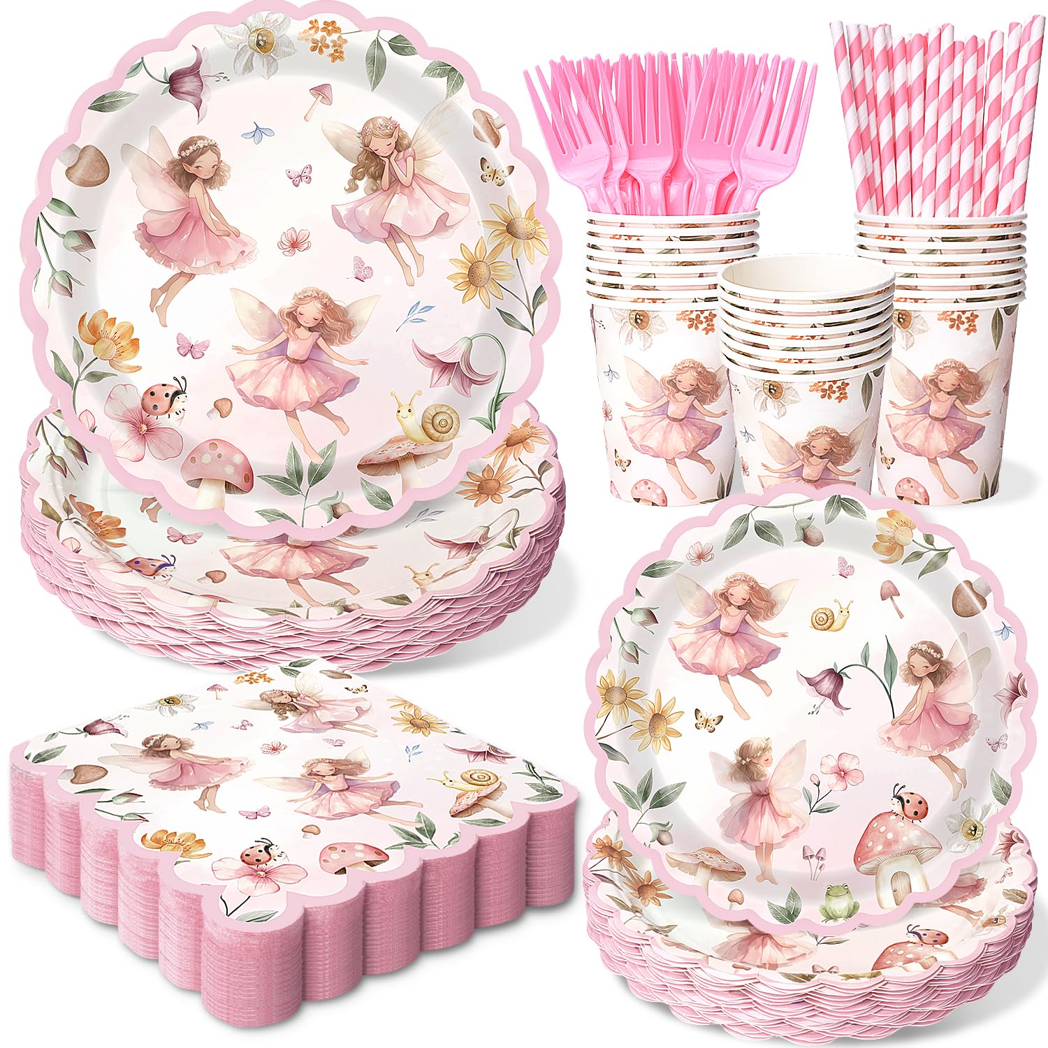 300Pcs Fairy Plates and Napkins Tableware Set (Serves 50 Guests), Plates Napkins Cups Straws and Forks Sets, Fairy 1st 2rd First Birthday Fairies Enchanted Themed Baby Shower Party Decorations
