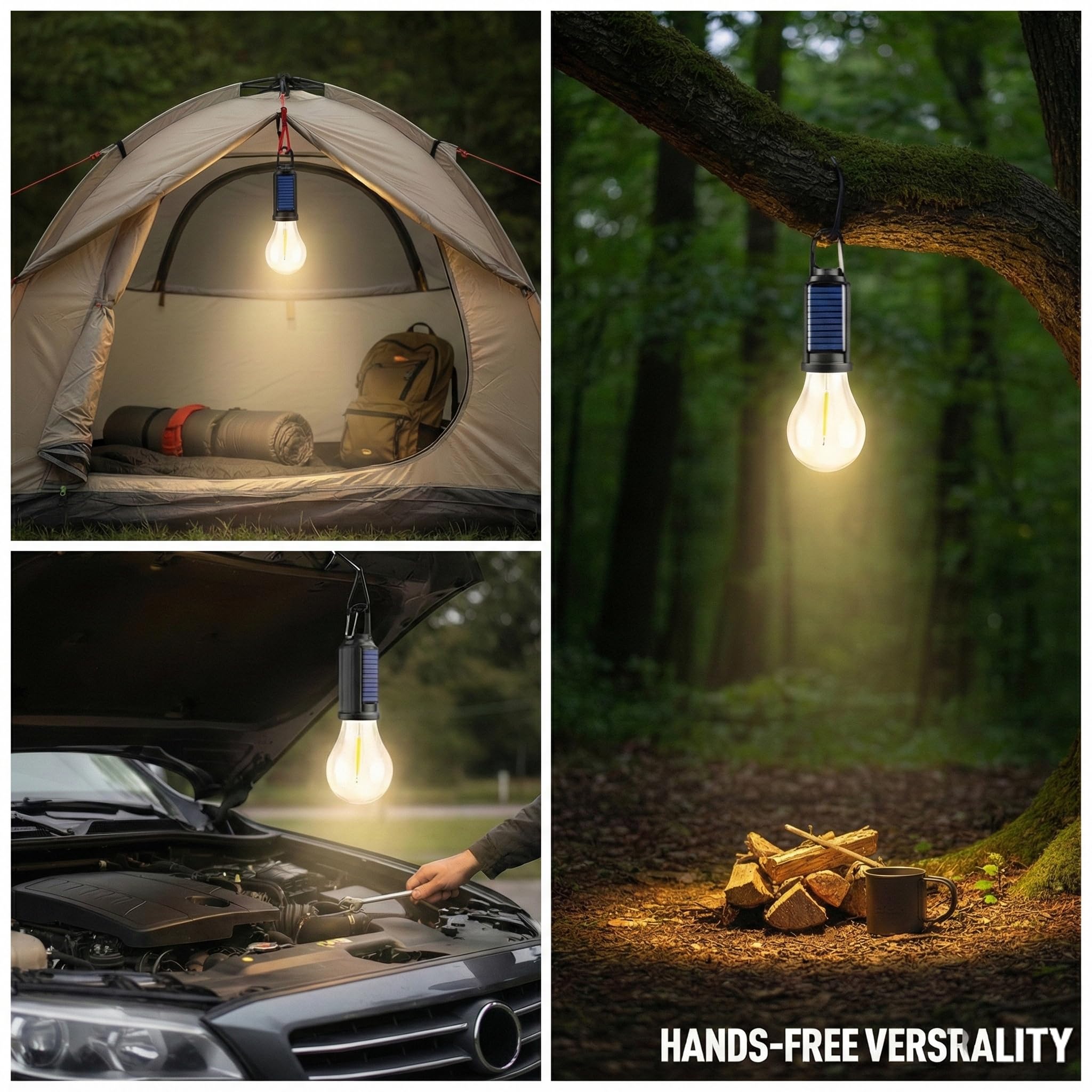 Lot de 5 lampes solaires LED de camping, lanternes de tente d'extérieur rechargeables avec crochet à clip, lumière d'urgence pour camping, randonnée, maison, pannes de courant, pêche et cadeaux