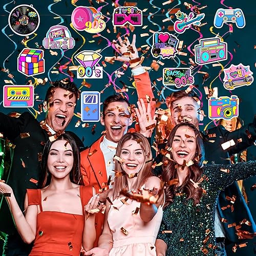 Miniatura 5 de 36 piezas de decoraciones de fiesta de los años 90 para fiestas de los años 90, remolinos colgantes para decoración de techo, retro, hip hop,