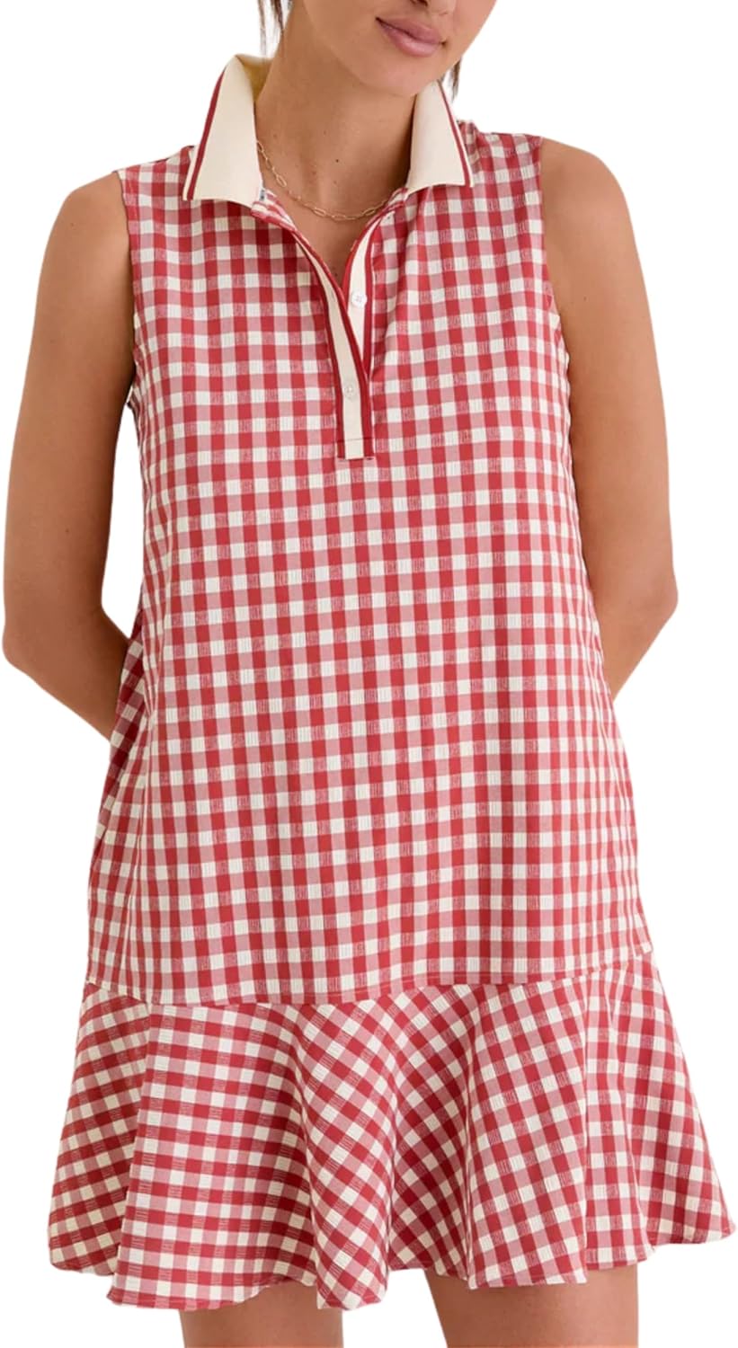 Womens Gingham Polo Dress V Neck Sleeveless Ruffled Hem Mini Dresses Plaid Button Front Tennis Dress