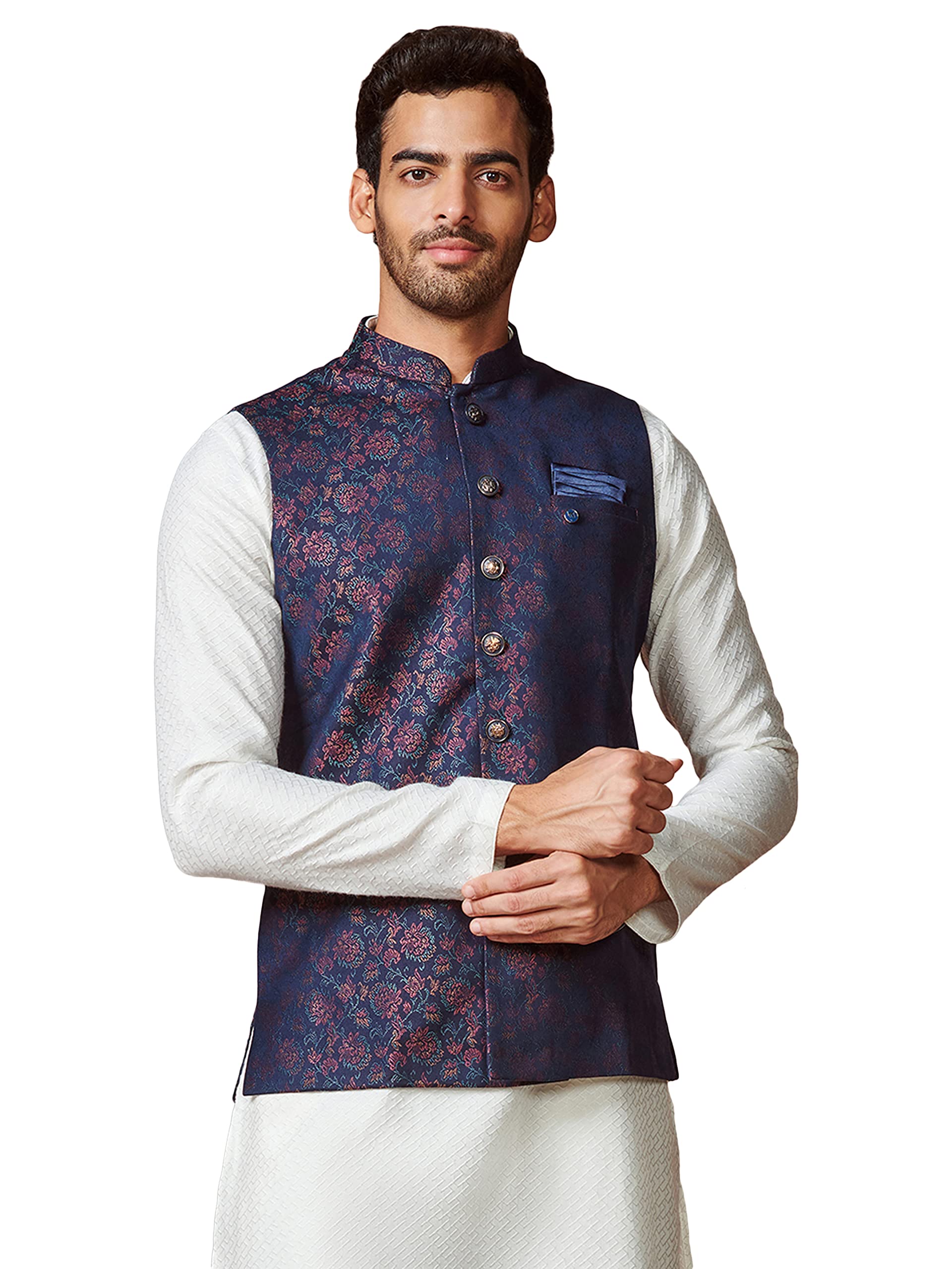 manyavar Men's Brocade Self-Textured Nehru Jacket (1pc)-picture-50