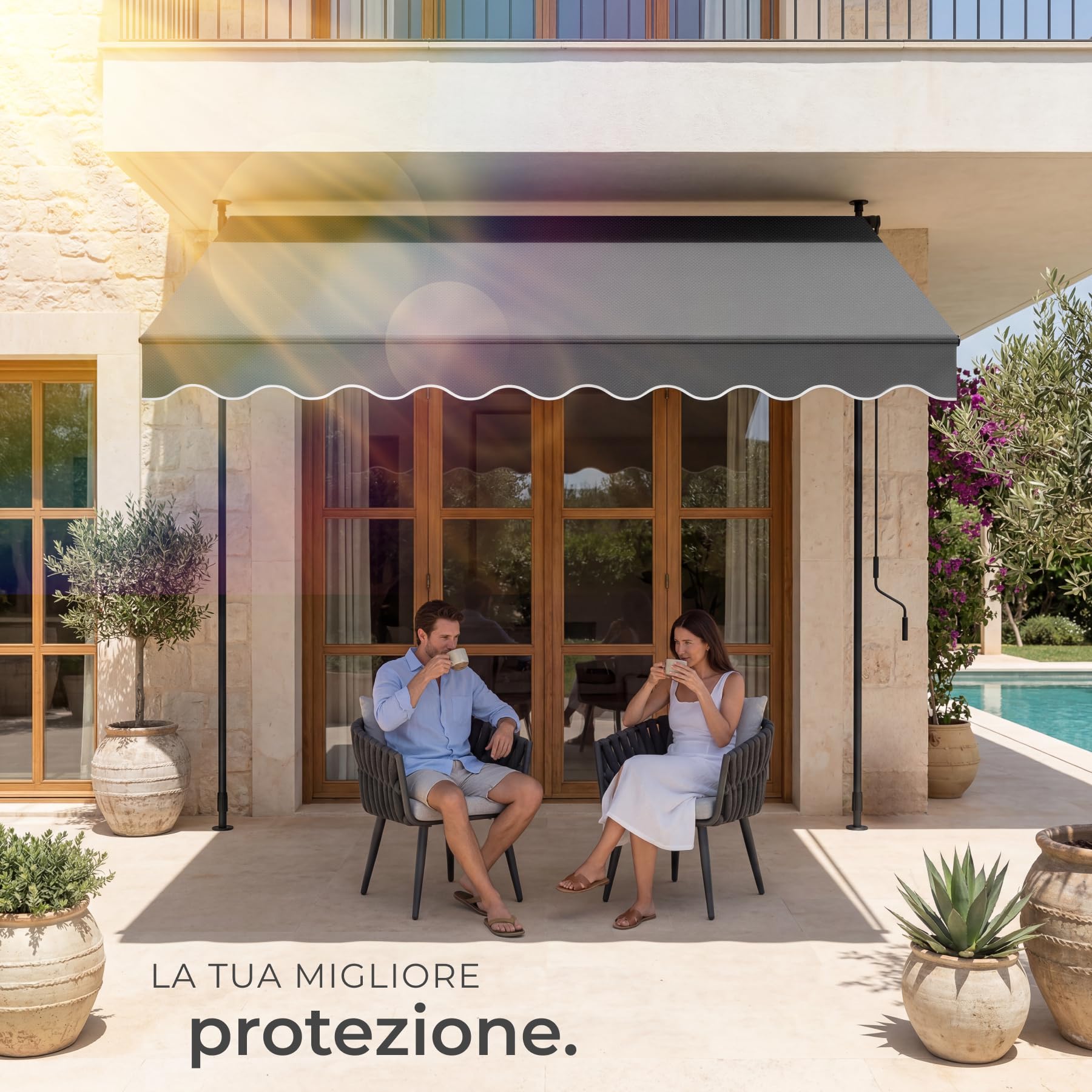 tectake® Tenda da Sole a Morsetto con Manovella, Altezza e Inclinazione Regolabile, Telo Impermeabile e Resistente ai Raggi UV, Ideale per Balcone e Terrazzo, 300x180cm - Nero/Grigio