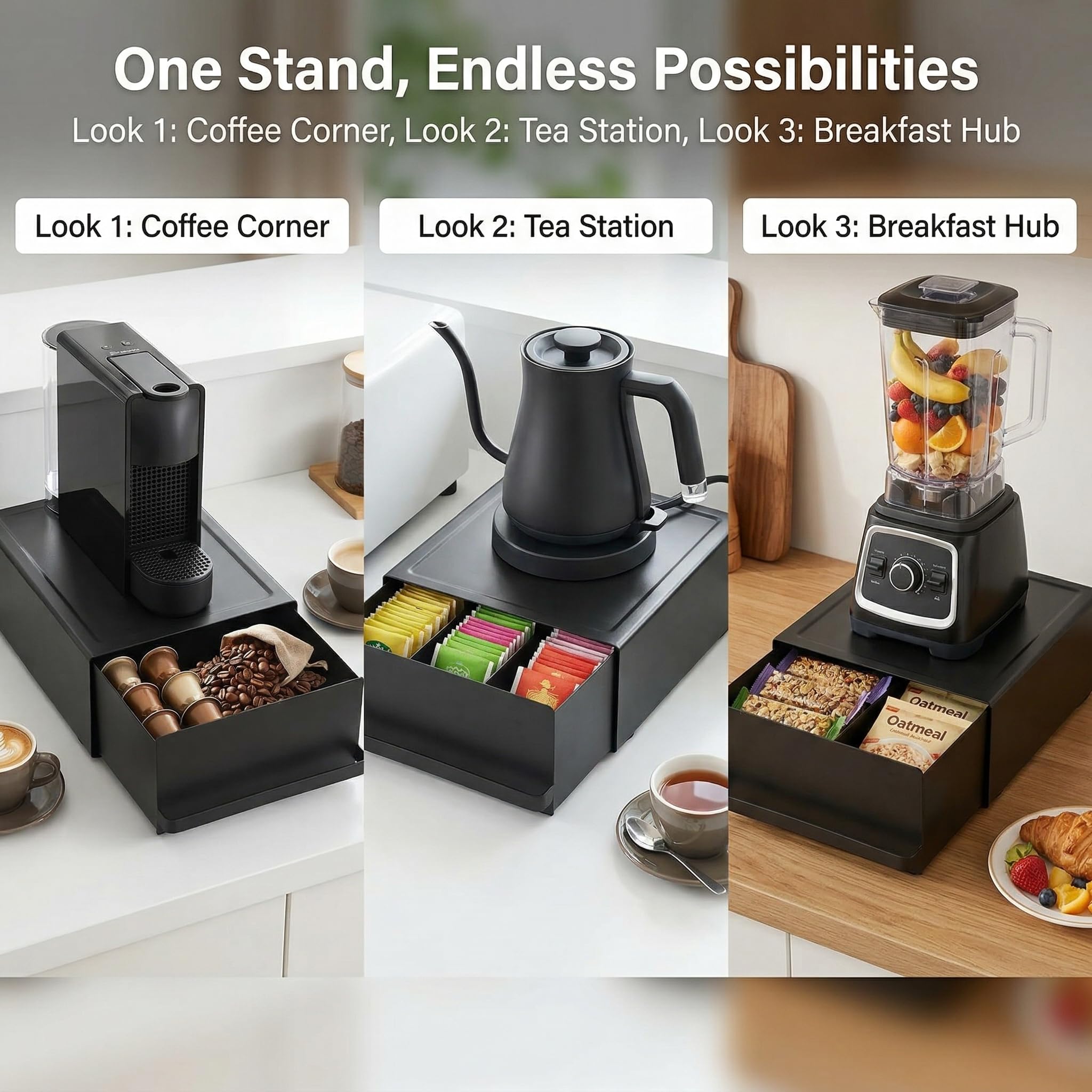 Porte-capsules de café, 27,5 x 22,2 x 11,5 cm, avec tiroir, fabriqué en acier au carbone, capacité de charge de 11 kg, organisateur de café pour machine à café, mixeur, bouilloire