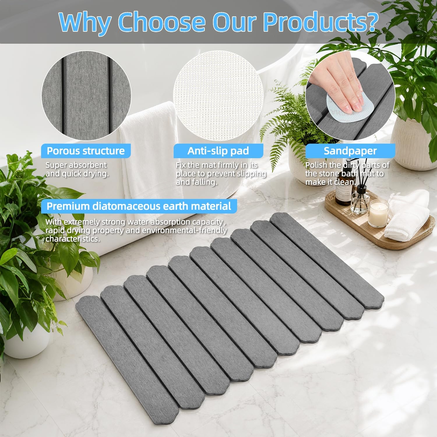 Foldable Stone Bath Mat, Non Slip Mat Diatomaceous Earth Bathroom Mat 23.6 x 15.5 inch Bathtub Mat for Bathroom Shower Areas