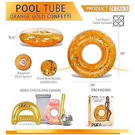 POZA Inflatable Pool Float Tube - Premium Sparkly Confetti Pool Float, Inflatable Tube Ring Pool Float for Kids, Adults, Heavy Duty Pool Ring Party Float for Beach, Lake - 36 Inch, Orange Gold
