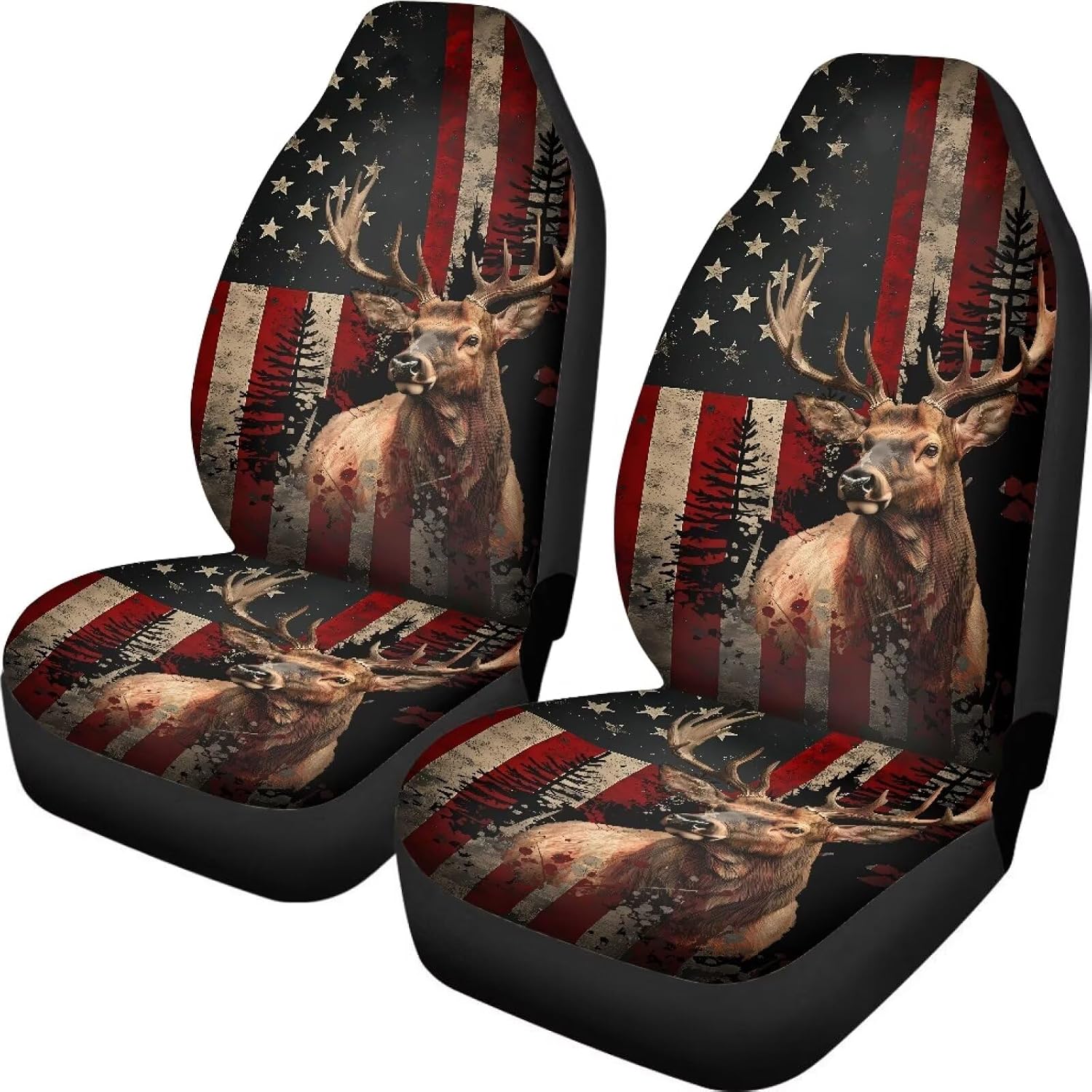 Deer American Flag Print Car Seat Covers, 2 Pcs Washable Auto Interior Accessories Front Seats Protectors, Breathable Automotive Seat Cushion for Most Vehicles