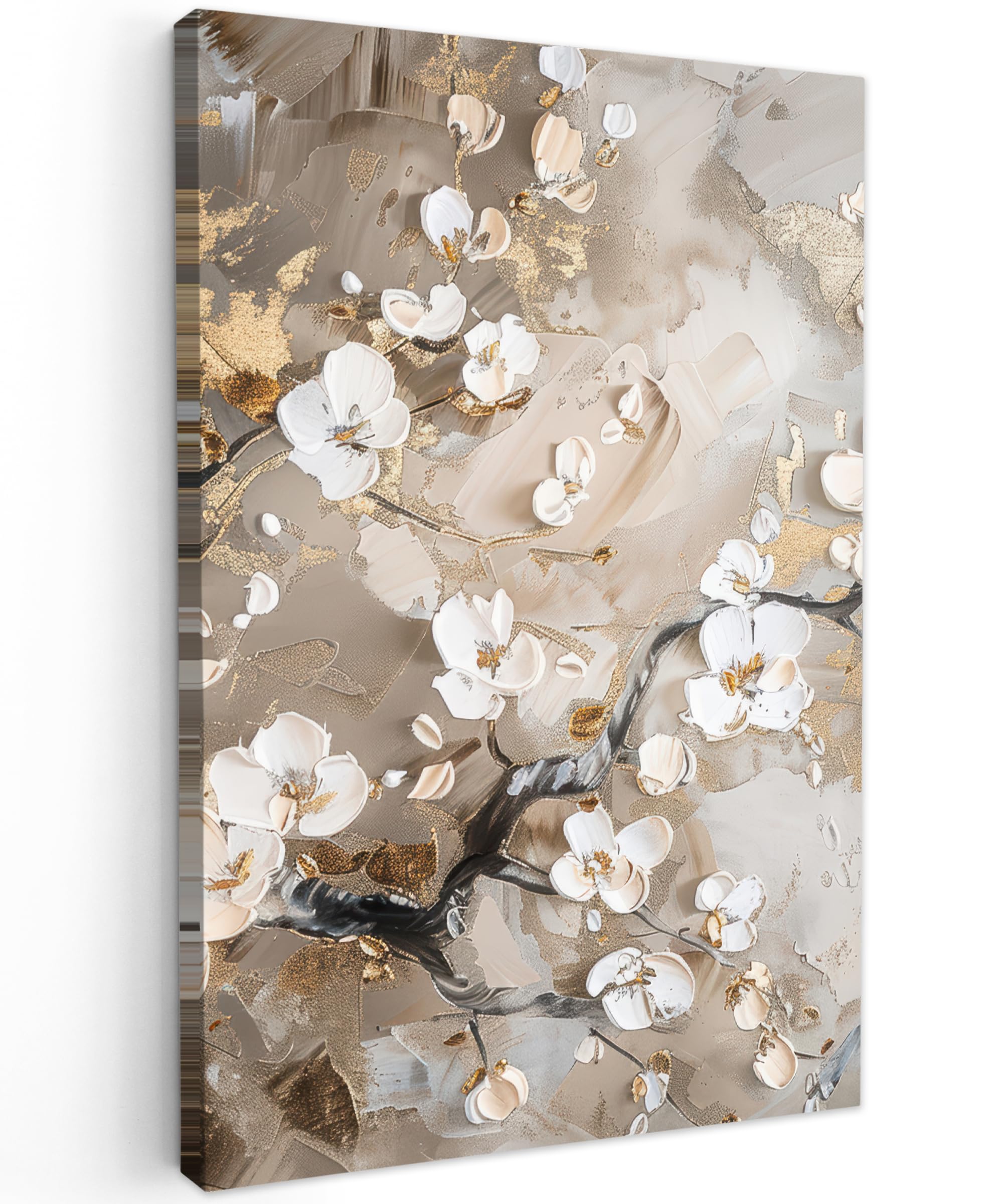 MuchoWow© Canvas Wall Art 31"x47" / 80x120 cm Decor Hanging Pictures for Living Room Canvus Artwork Deco Walls Flowers - White - Gold - Beige - Luxury