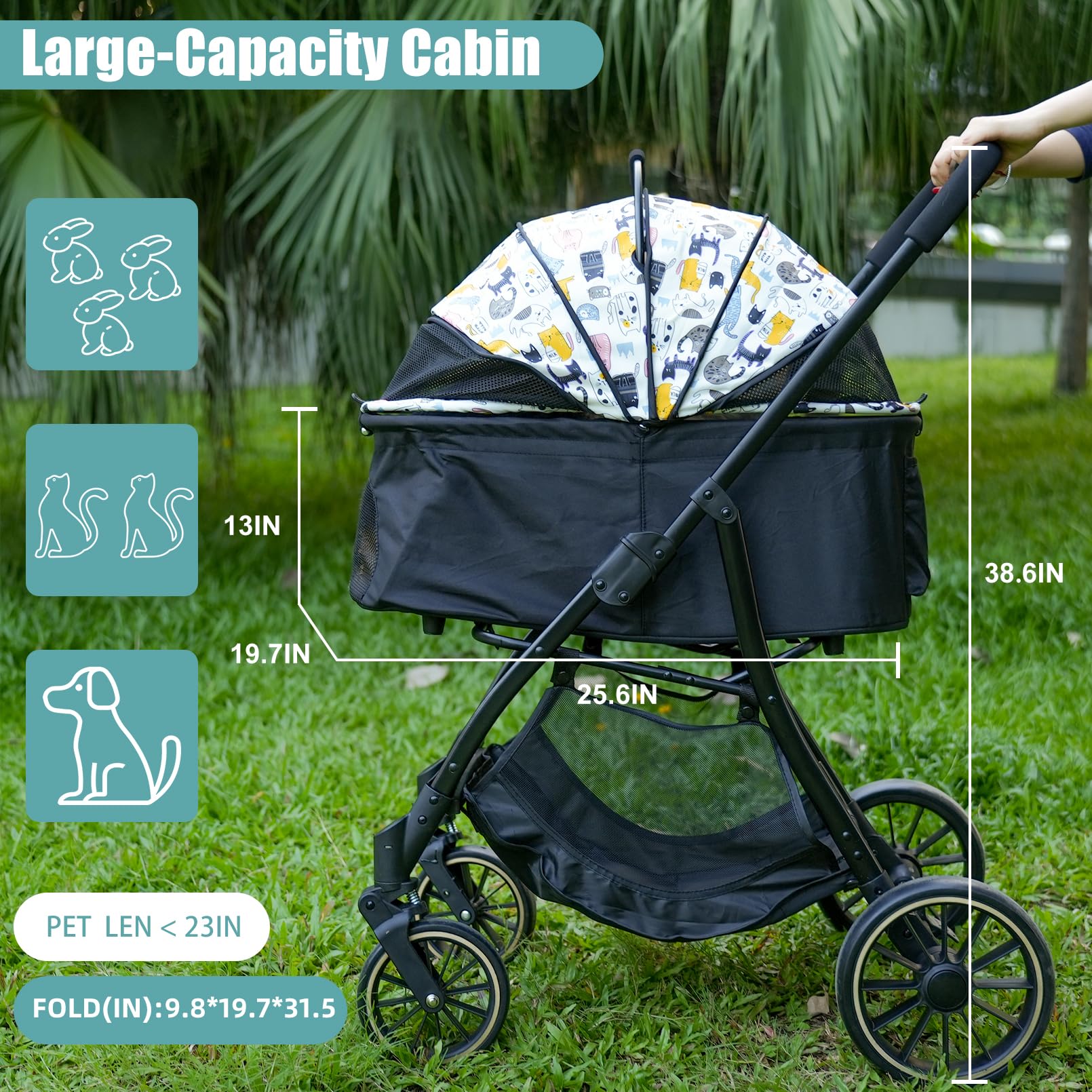 ?JXMIYACOO 4-Wheel Cat Stroller for 2-3 Pets, Lightweight Foldable Travel Carrier with 7