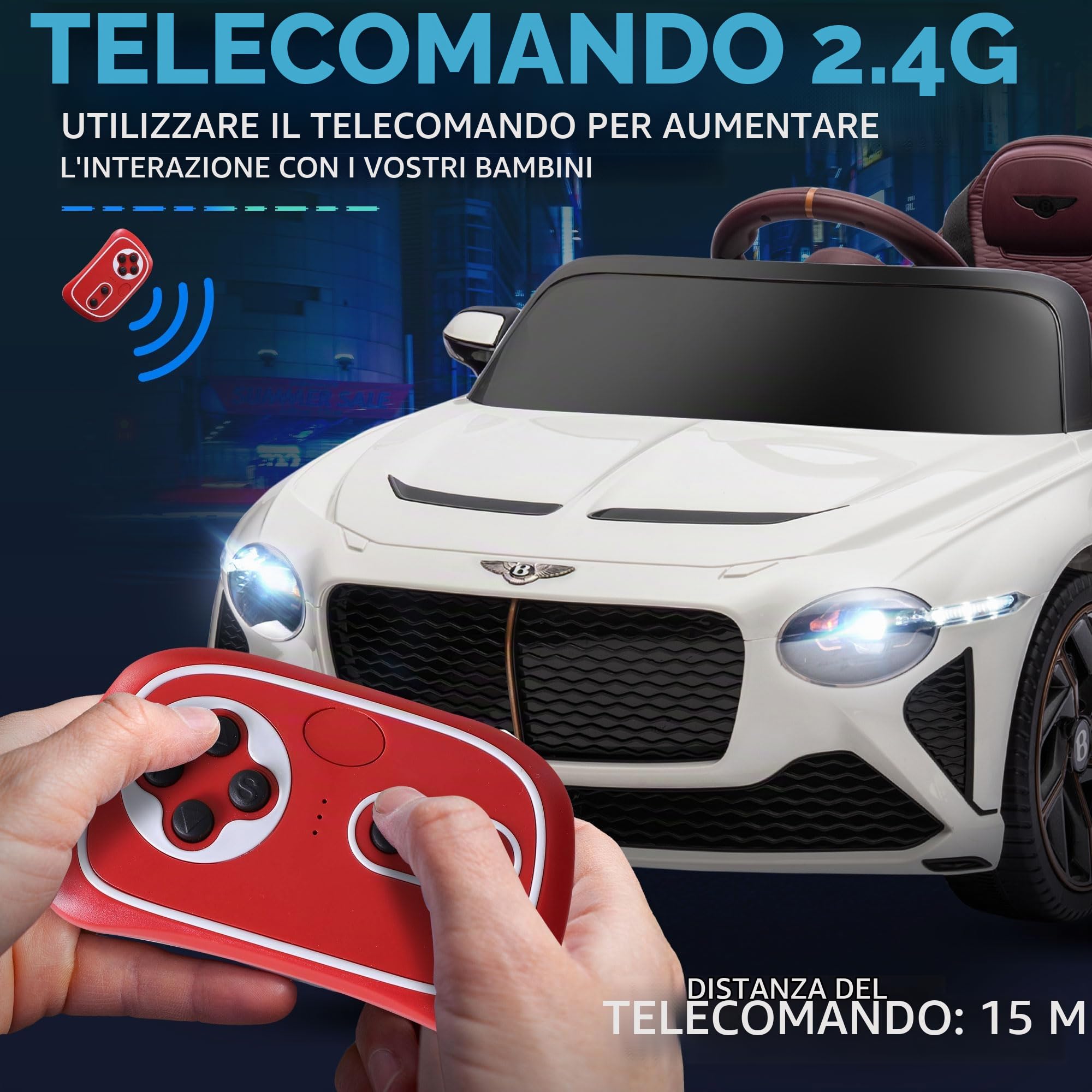 HOMCOM Auto elettrica per bambini 3-5 anni 2 motori 12V 25W Bianco | 3-5 km/h, telecomando 2.4G, MP3, clacson, 2 fari anteriori e 2 posteriori, ruote sospese, 2 porte apribili, Bentley Bacalar