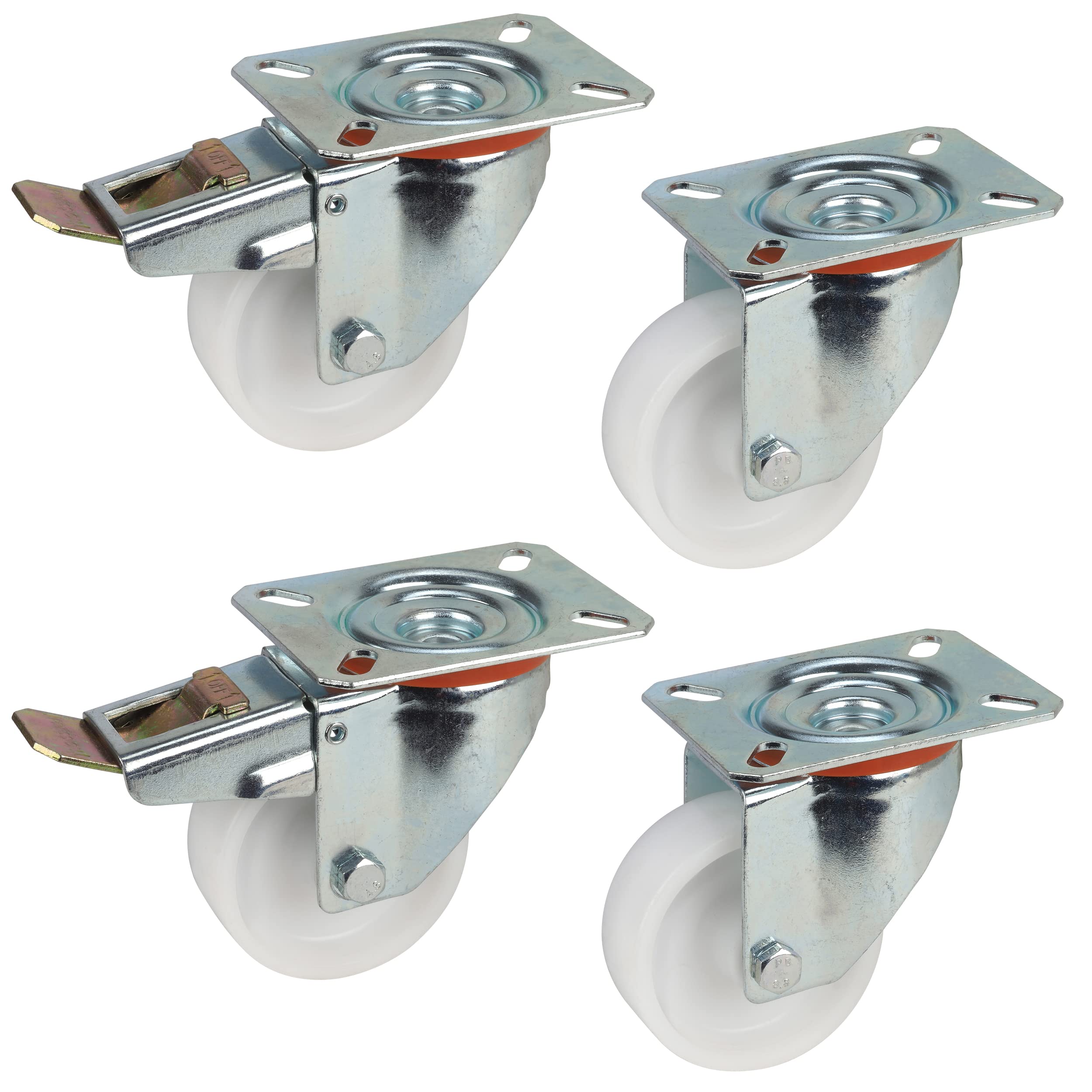 Dörner + Helmer Lot de 4 roulettes pivotantes en polypropylène 80 mm, plaque 100 x 85 mm, mélange de rouleaux, charge maximale 300 kg/set