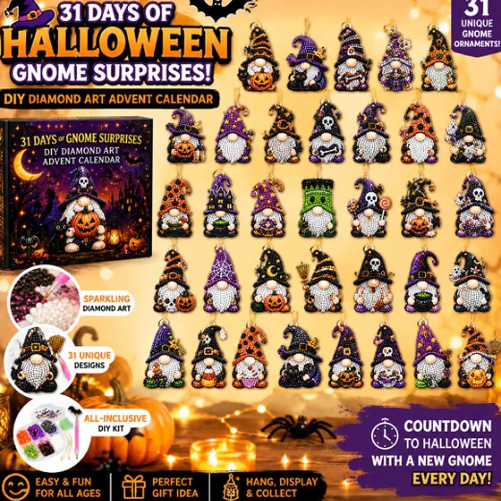 Diamond Painting Adventskalender mit Halloween Wichteln (2pc) | DIY Bastelset für Wichtel Diamond Paintings mit 31 Wichtel Anhängern – Halloween Deko zum Aufhängen für Erwachsene