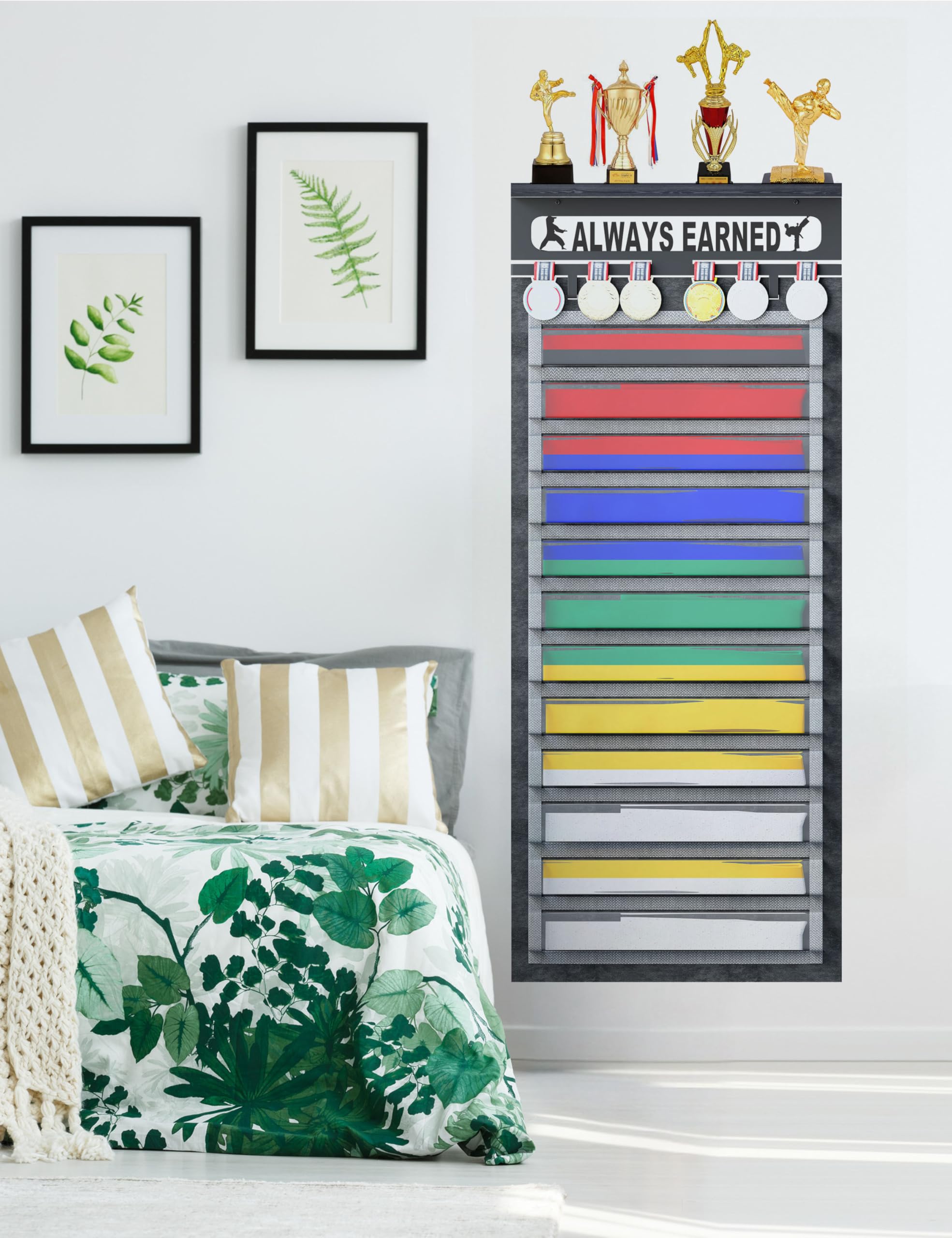 3 in 1 Karate and 12 Belts Taekwondo Belt Display Rack with Medal Hanger, Trophy/Photo Rack, and Felt Dustproof Design. (Always Earned, 12 Belts)