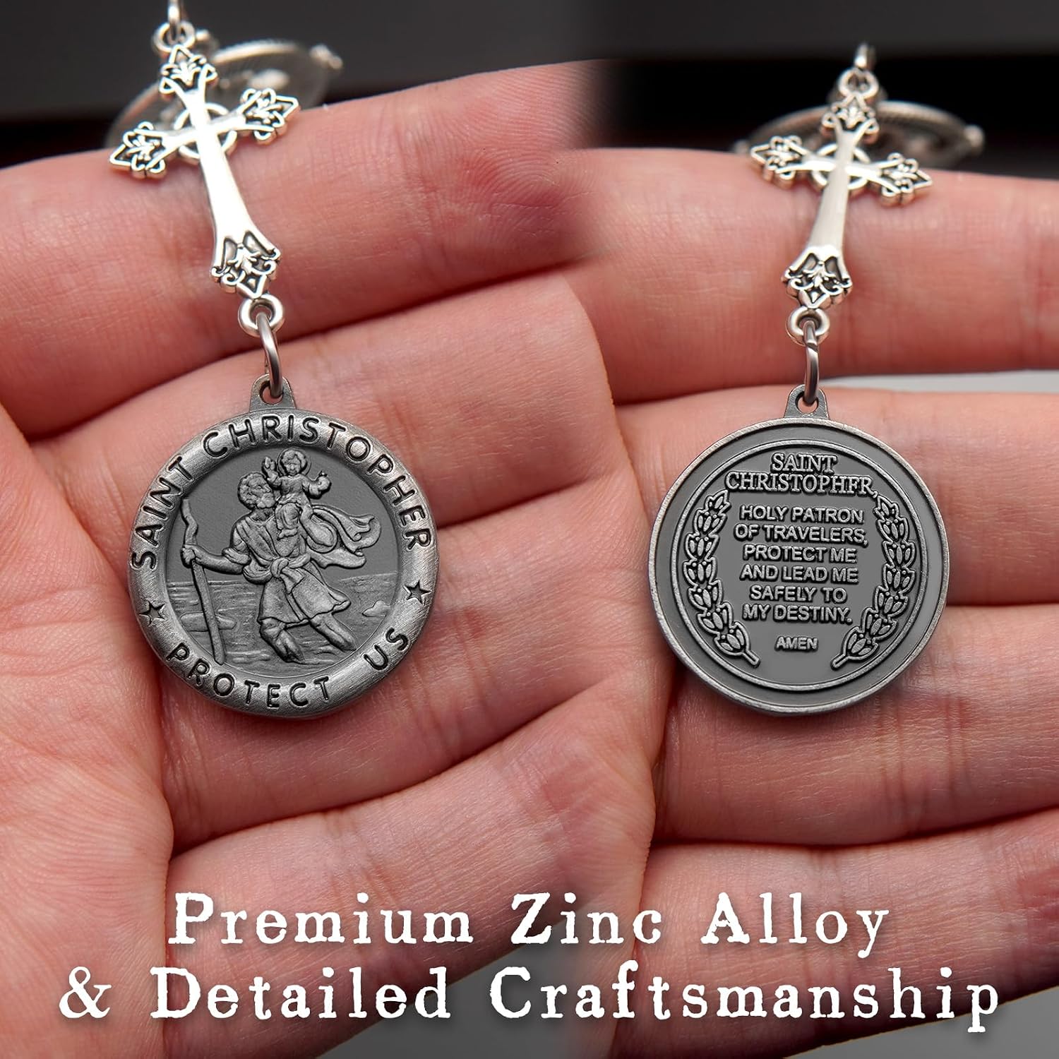 St Christopher Car Rearview Mirror Decor Medal, Cross Hanging Accessories with Car Rosary Keychain Charm