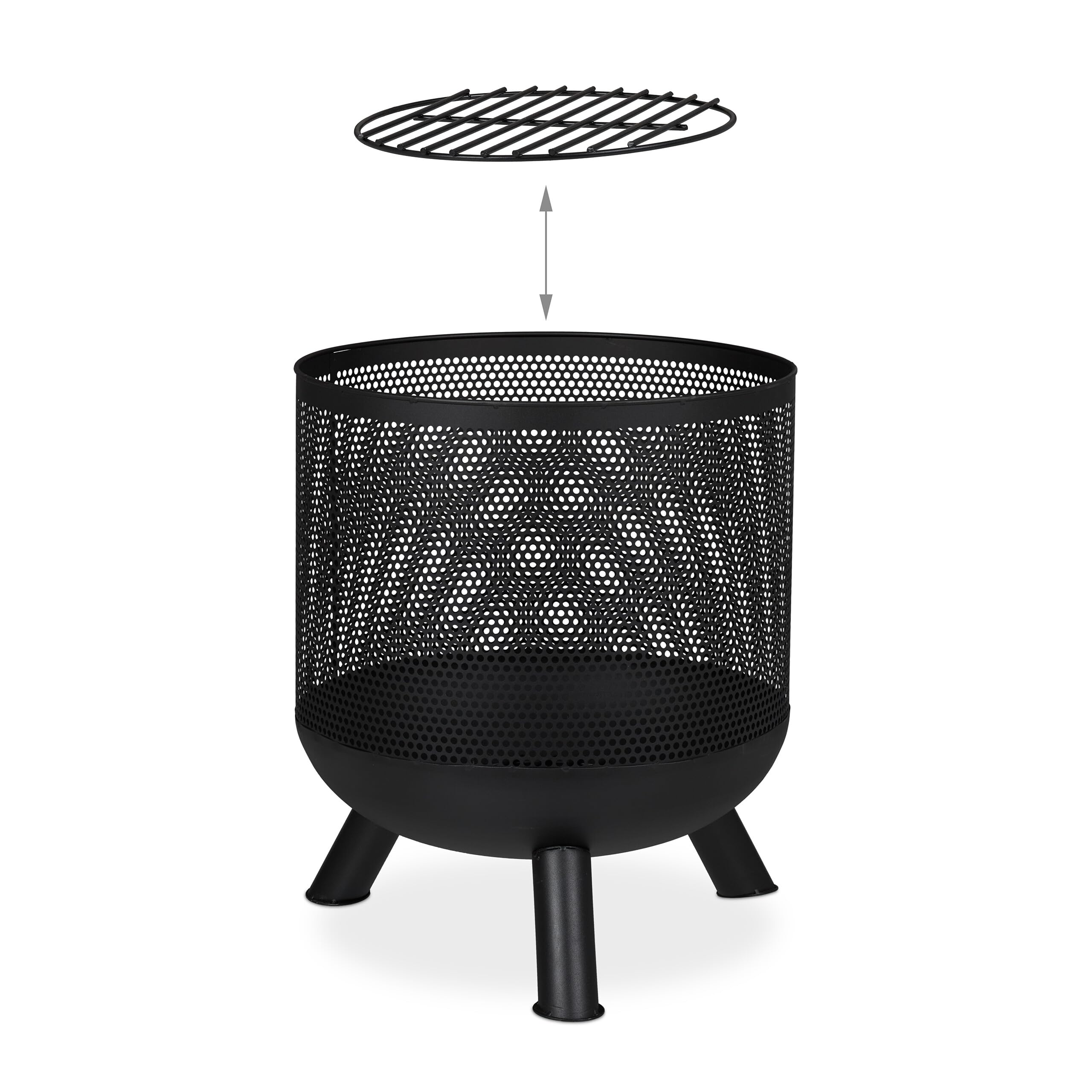 Relaxdays Feuerkorb, Mesh Design, Feuerrost, Schürhaken, Feuer im Garten, Feuertonne, Stahl, HxD: 53 x 44 cm, schwarz