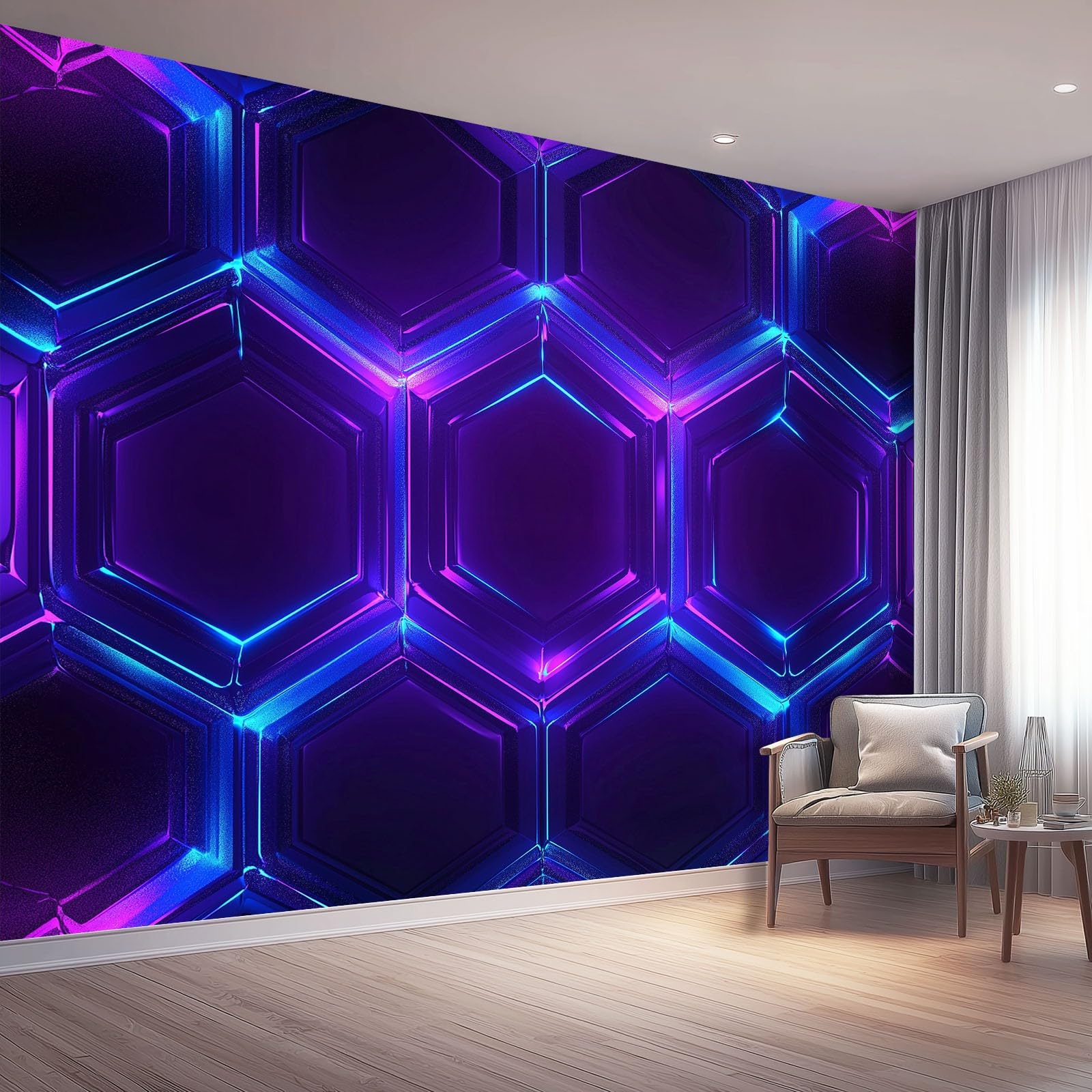 Sci Fi Geometric Photo Wallpaper, Abstract Honeycomb Hexagon Poster Wall Mural Covering, Dark Purple Large Modern Mural Wallpaper for Bedroom Living Room Dormitory Hotel Decoration, 400x280 cm (WxH)