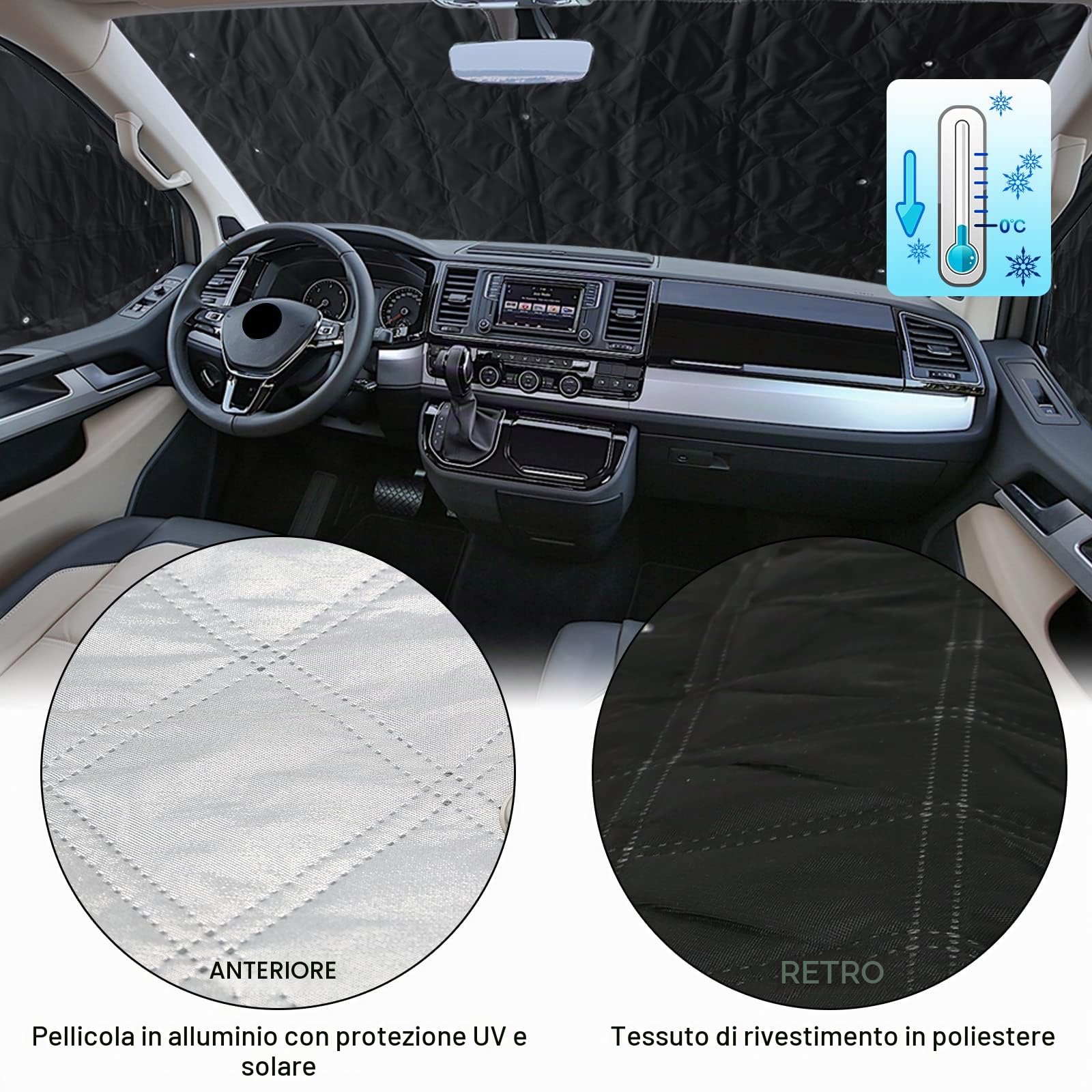 Copertura Schermo Anteriore Finestra Sostituzione per VW T4 LWB, 8 PCS Protezione per Parabrezza per Parasole, Finestra Cieca Termica Interna con Borsa Portaoggetti, 100% Occlusione