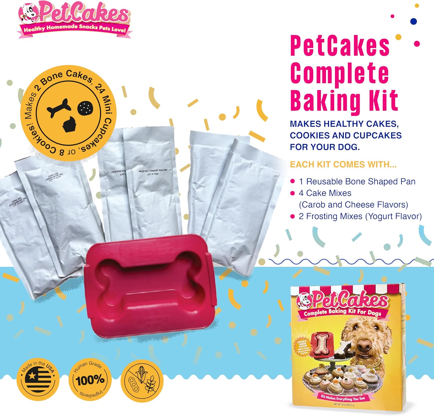 PetCakes Complete Baking Kit for Dogs- Make Healthy Cakes, Cookies & Cupcakes - Includes a Reusable Bone Shaped Pan, 4 Cake Mixes (Cheese & Carob) & 2 Frosting Mixes (Yogurt) - Net Wt. 10oz