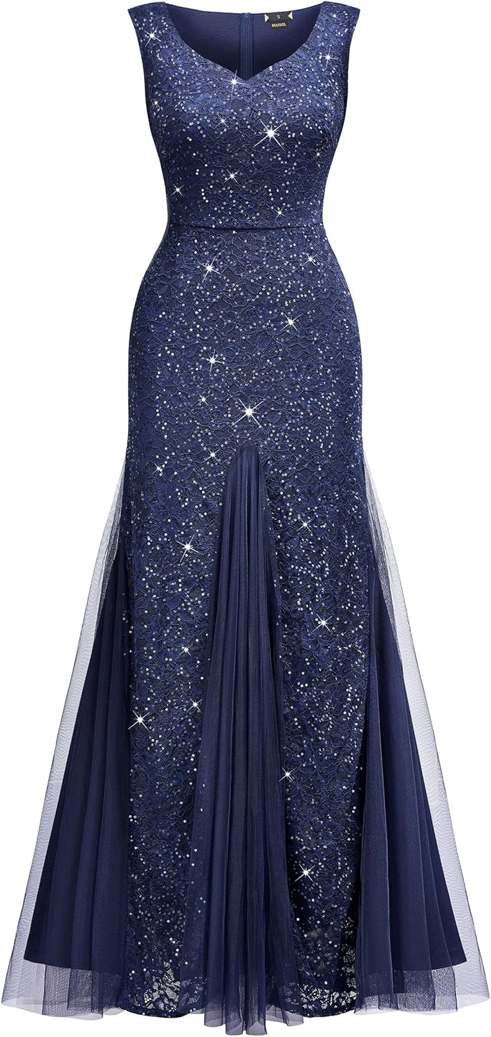 Miusol Women's Elegant V Neck Sleeveless Sequin Lace Evening Party Dress - Image 5