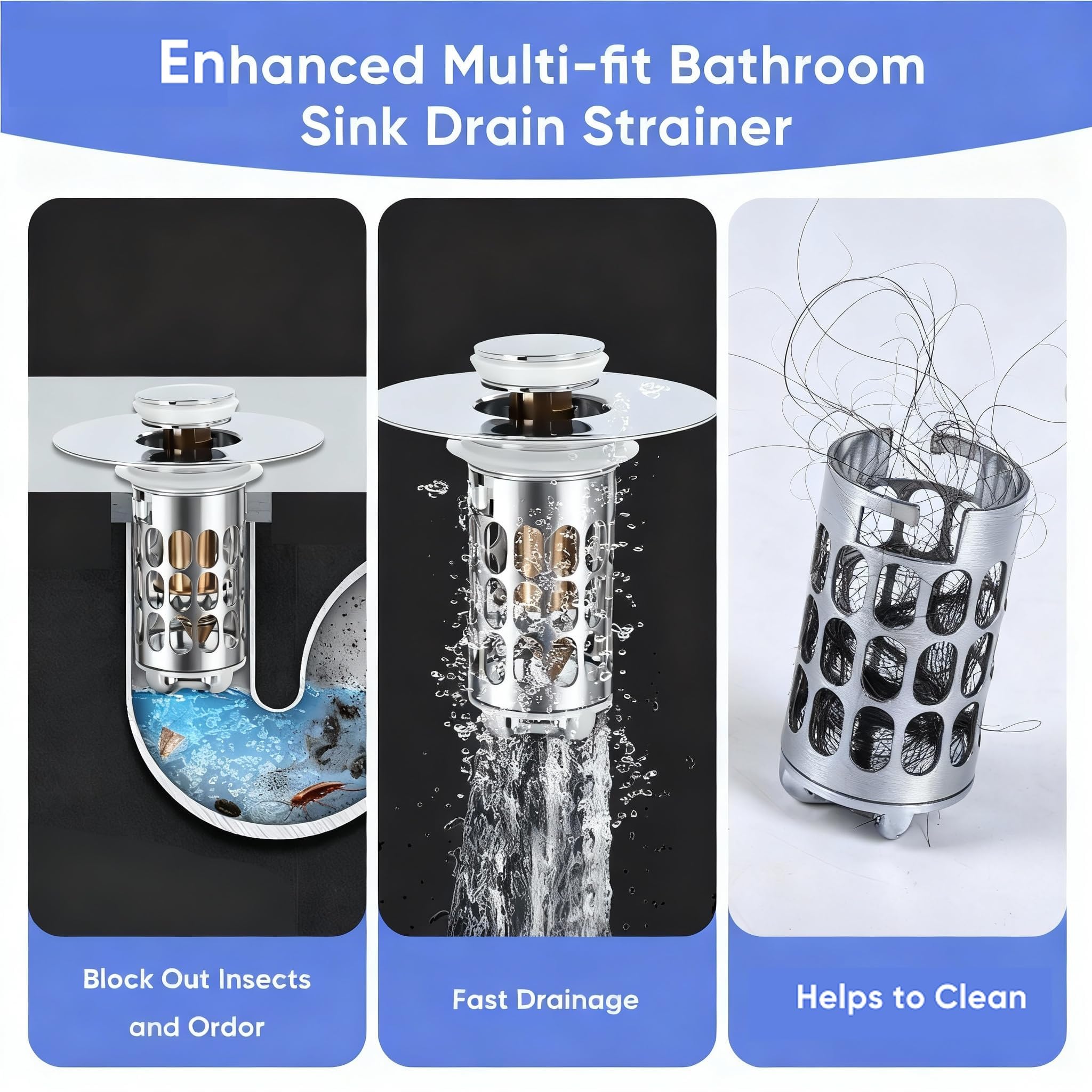 Tapón de lavabo 3 en 1 con función desplegable, colador de desagüe y atrapa el pelo, acero inoxidable para orificio de drenaje de 30-44 mm, tapón de drenaje para lavabo de baño, antiobstrucción