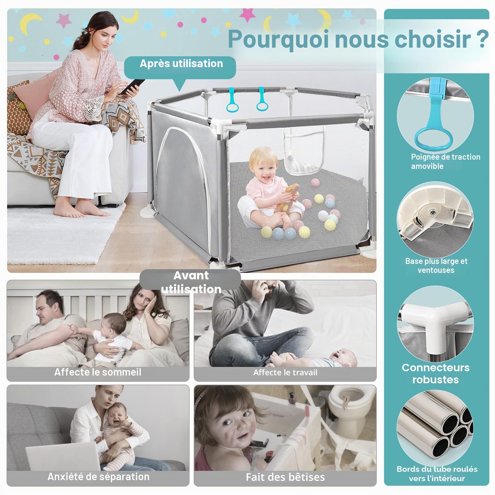 CHOLY Parc pour bébé et tout-petits, parc hexagonal stable avec filet respirant, clôture d'activités pour enfants pour l'intérieur et l'extérieur avec sac de voyage (gris clair)