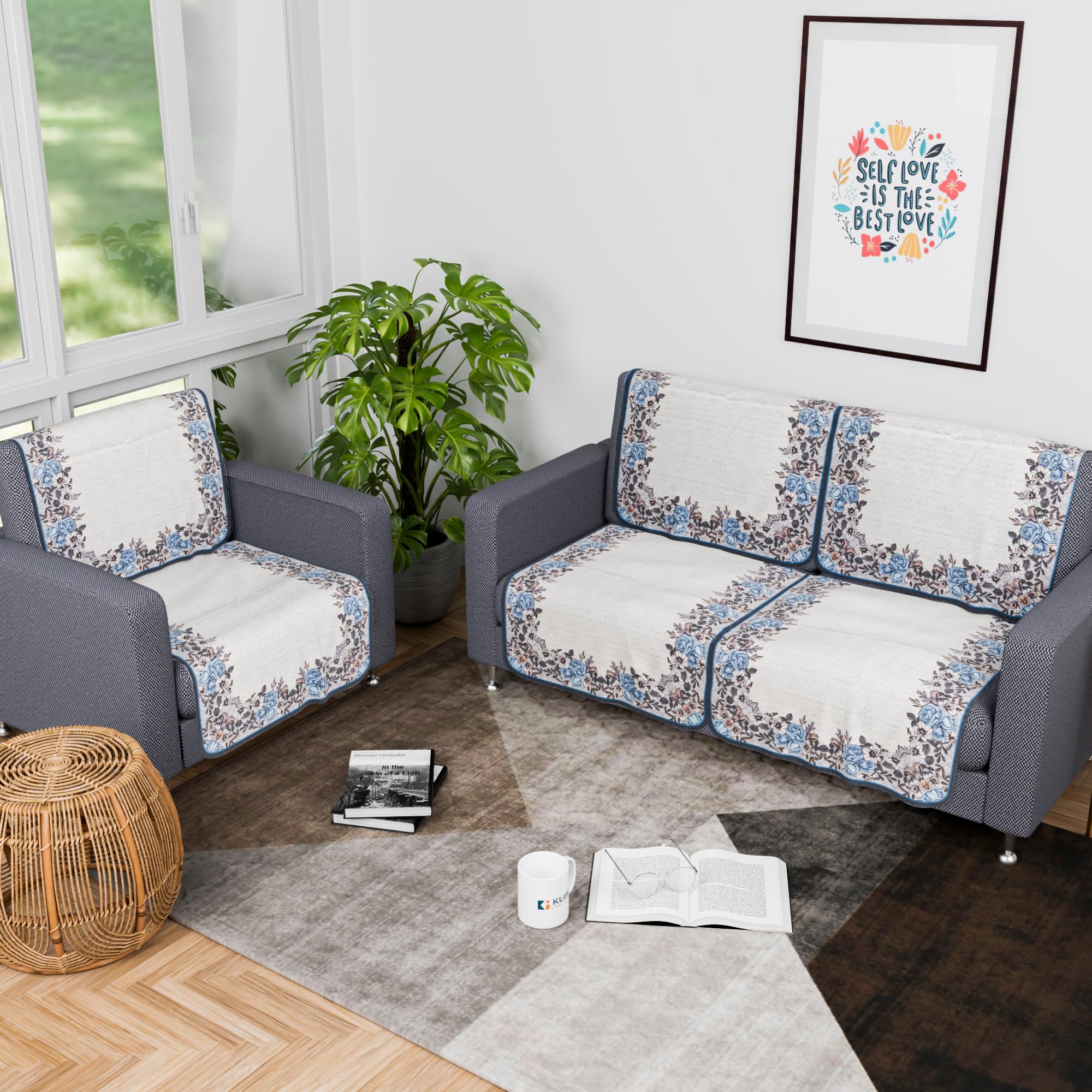 Kuber Industries (Set of 6) Stylish & Durable Cotton Sofa Covers 2+1 Seater | Washable Sofa Protector/Mat & Slipcover for Living Room & Office | Gulab Border - Cream & Blue