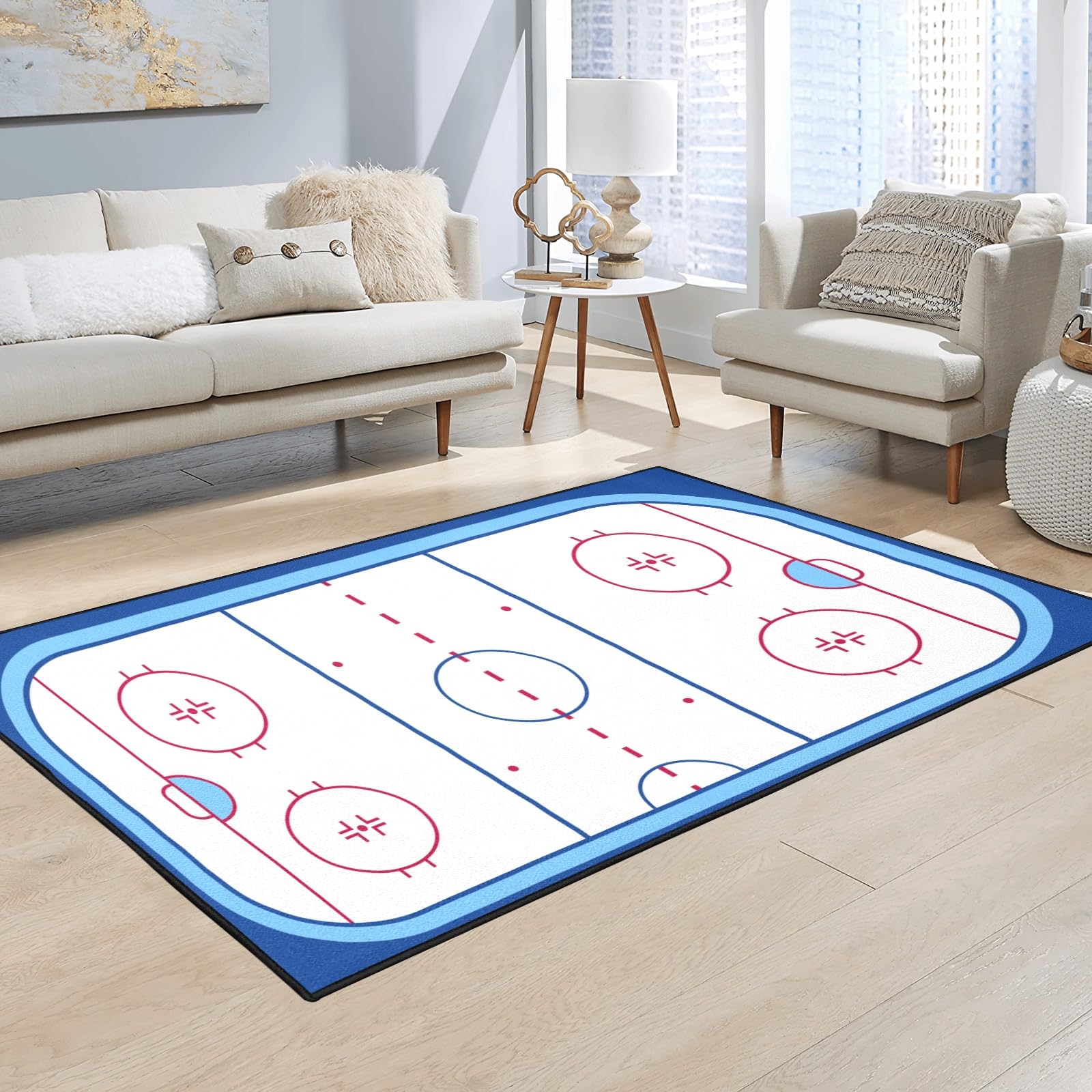 Ice Hockey Rink Printed Area Rug American Ice Hockey Sport Carpet Winter Sport Game Area Rugs Non-Slip Floor Mat for Living Room Bedroom Playroom
