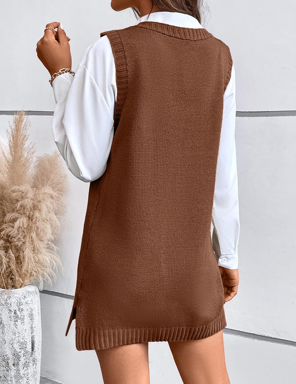 Womens Cute Lightweight V Neck Long Sweater Vest Dress Spring 2025 Trendy Ribbed Knit Side Slit Tunic Pullover Top - Image 3