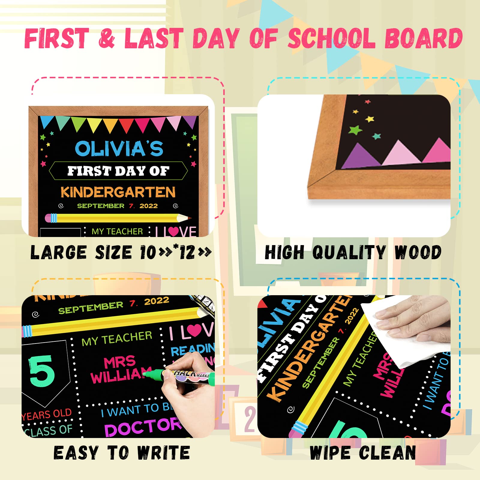 Pizarra para el primer y último día de escuela, 25,4 x 30,5 cm, letrero de regreso a clases de doble cara para niños, niñas, niños, pizarra de pizarra para el primer día de escuela, accesorio para