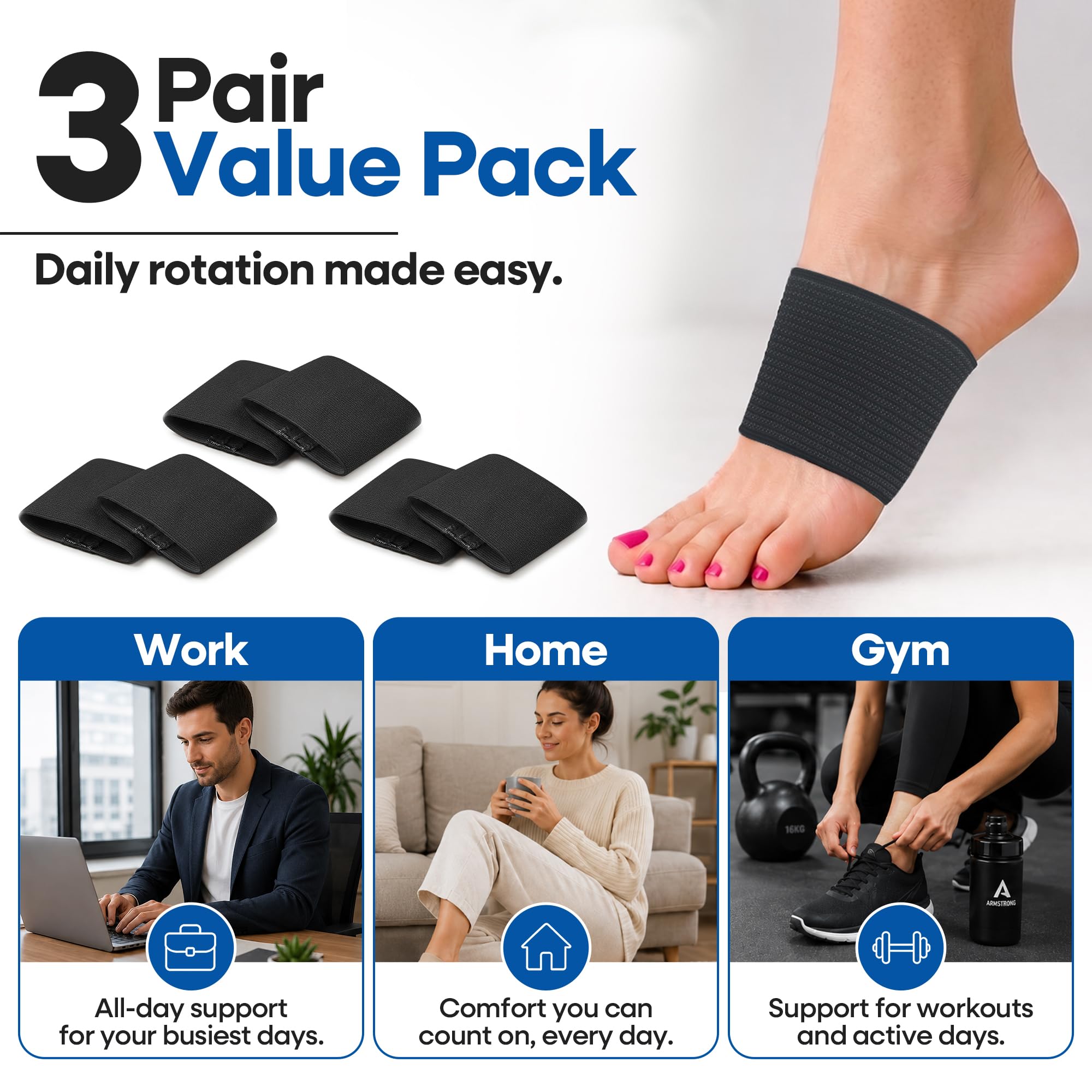 Soporte de arco para fascitis plantar, soporte de arco para aliviar el dolor de pies y talones. Mangas de compresión para ayudar a doler los talones, espolones de hueso,Black, 3