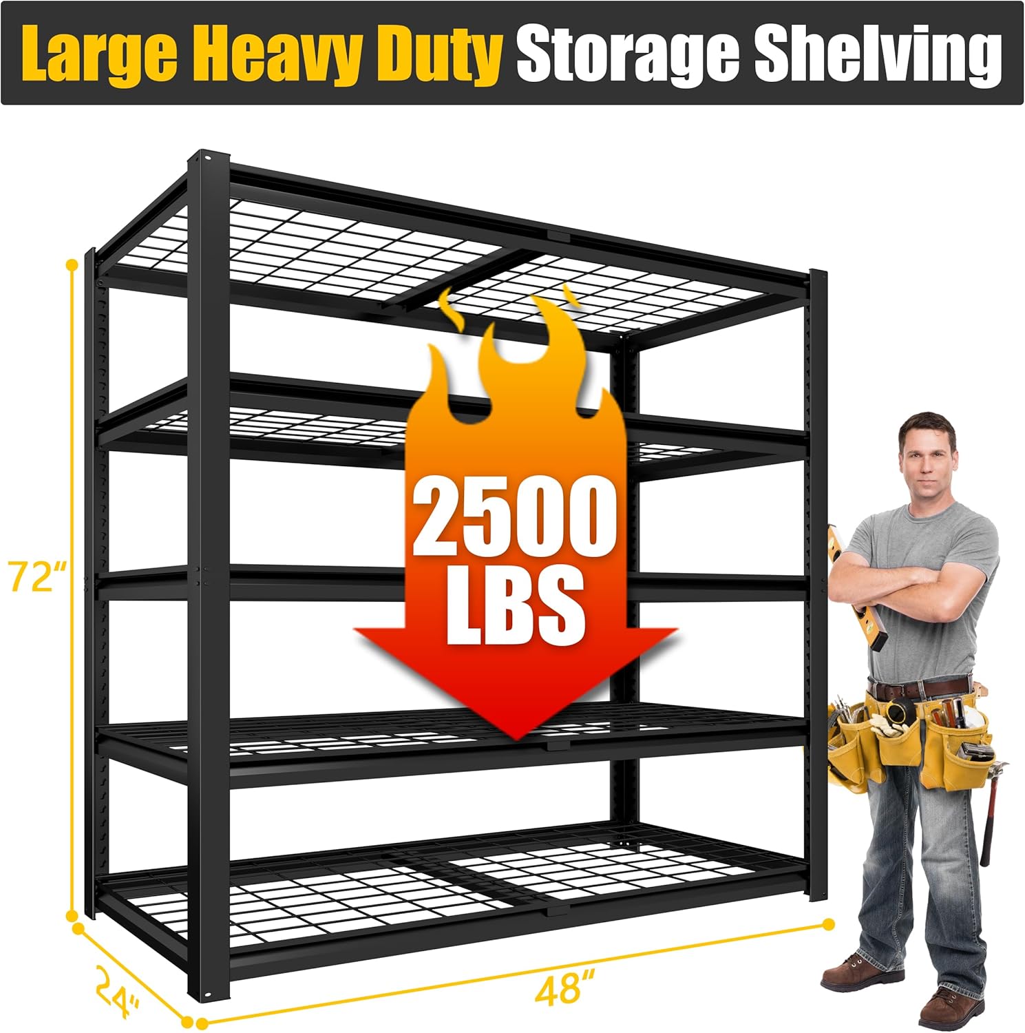 PrimeZone Heavy Duty Storage Shelves - 48" W X 24" D X 72" H Adjustable Wire Garage Shelving with Locking Connector, 5 Tier Metal Shelving Industrial Utility Rack for Warehouse, Basement, Black, 4Pack