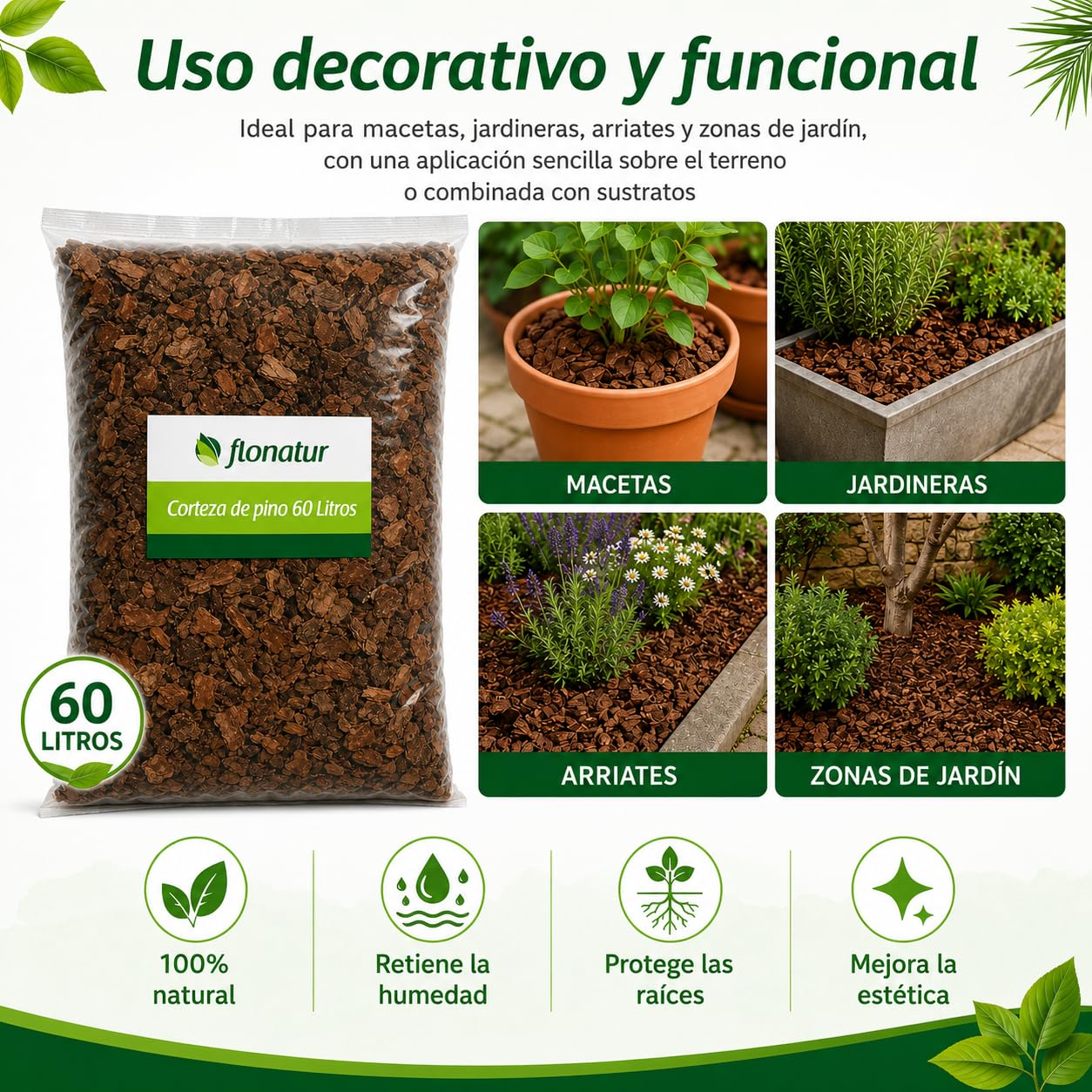 Corteza de Pino Decorativa 60 litros, Ideal para Macetas, Arriates, Plantas y Zonas de Jardín, Protege de Malas Hierbas y Reduce la Erosión