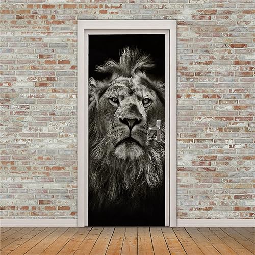 Miniatura 5 de Calcomanías 3D para puertas interiores, retrato de un león, vinilo blanco y negro, impermeable, autoadhesivas, para dormitorio, oficina, baño, 30.3