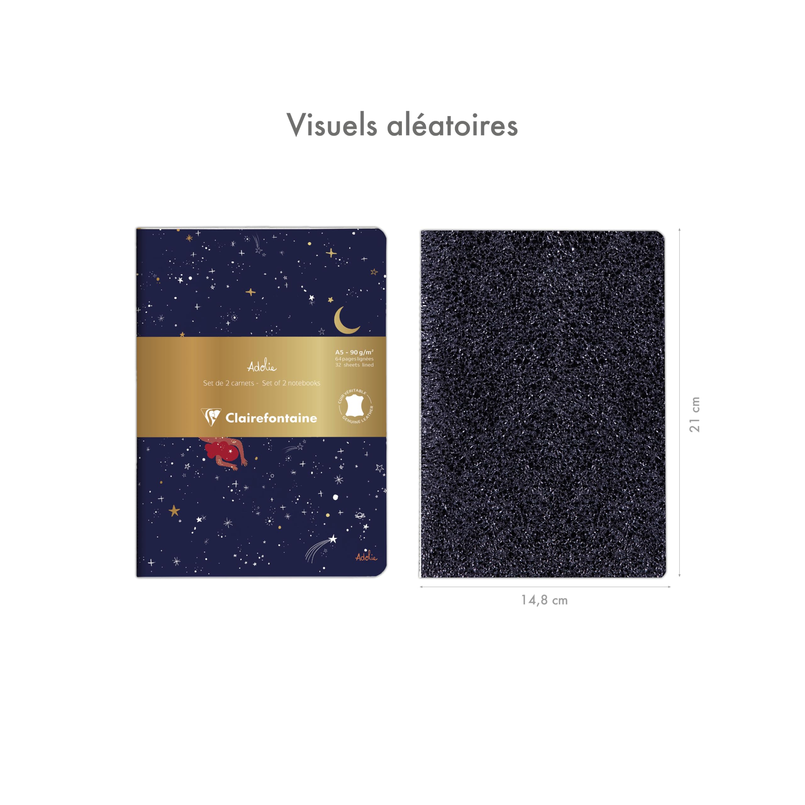 Clairefontaine, 116297C, A Set of 2 Notebooks, Blue Leather & Printed Celestial/Star/Moon A5 14,8x21cm - Image 2