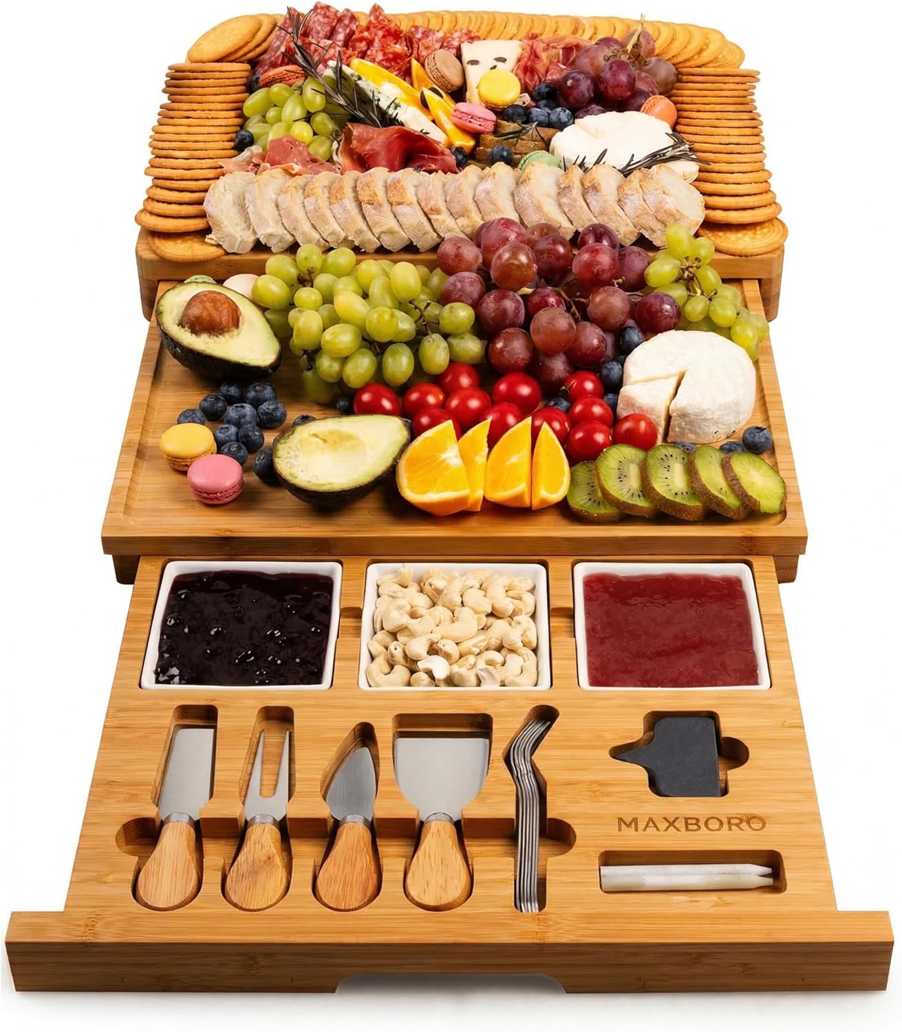 Extra Large 33.7x15.7 inch Charcuterie Boards Gift Set, 100% Bamboo Cheese Board and Knife Set, Cool Meat Cheese Platter Tray, House Warming Gifts New Home, Ideas for Women Mom, Carbonized Bamboo
