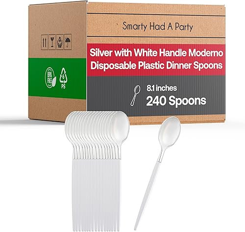Cucharas de plástico desechables plateadas con mango blanco, paquete de 240 cubiertos resistentes de 8.1 pulgadas sin BPA, elegantes cucharas