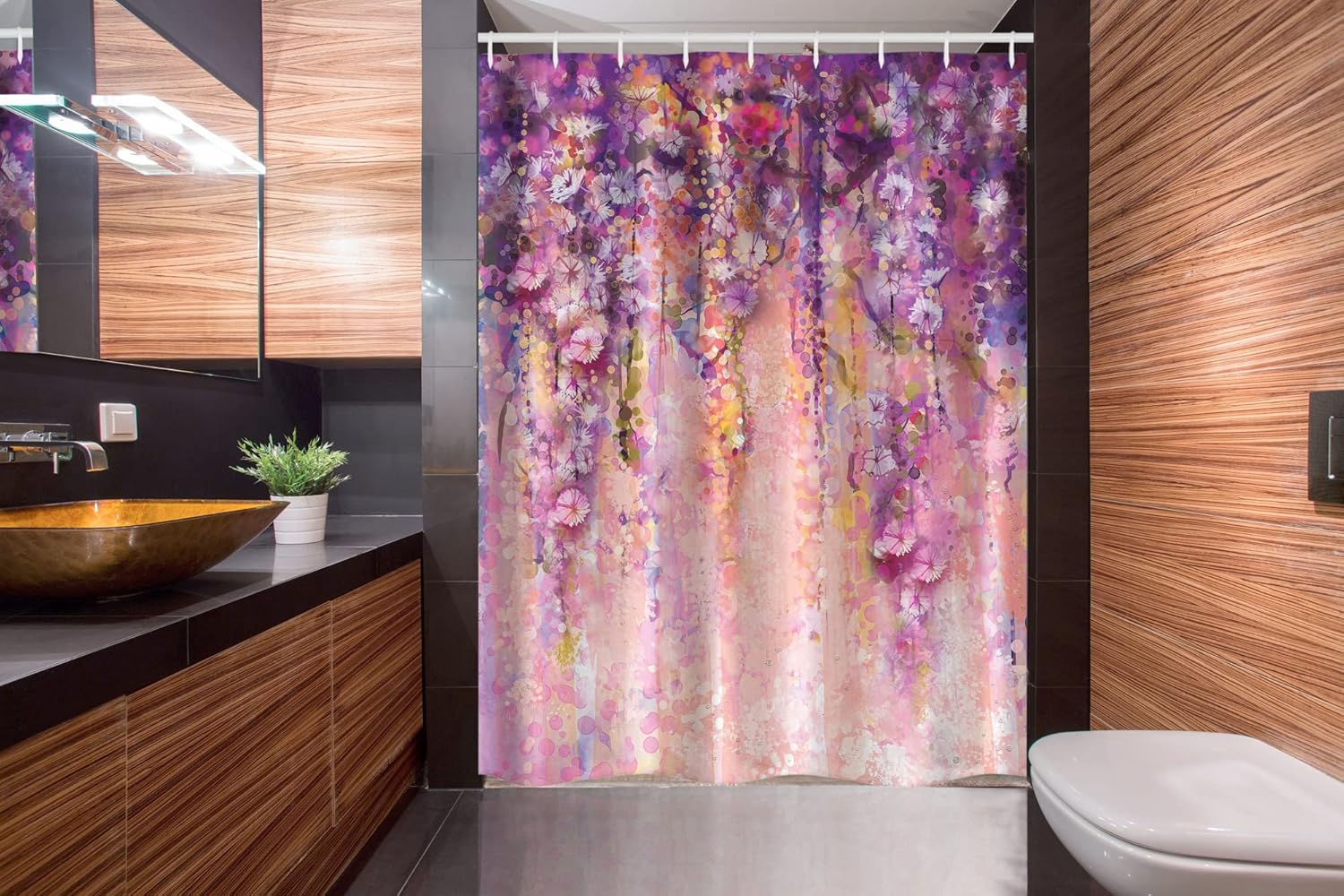 Ambesonne Watercolor Flower Stall Shower Curtain, Wisteria Tree in Full Blossom Romantic Spring Over Bokeh Background, Fabric Bathroom Decor Set with Hooks, 54" W x 78" L, Purple Peach