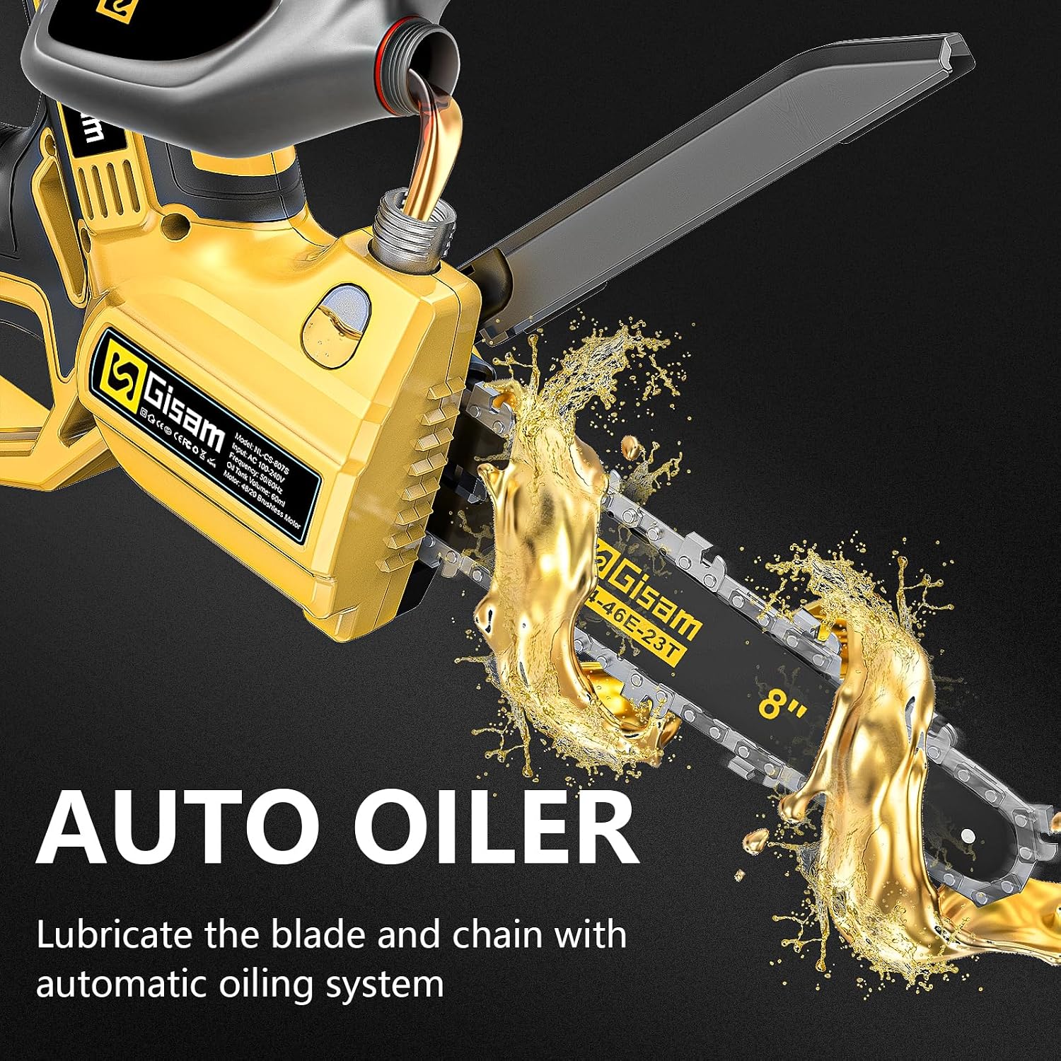 Chainsaw with automatic oiler being filled with oil