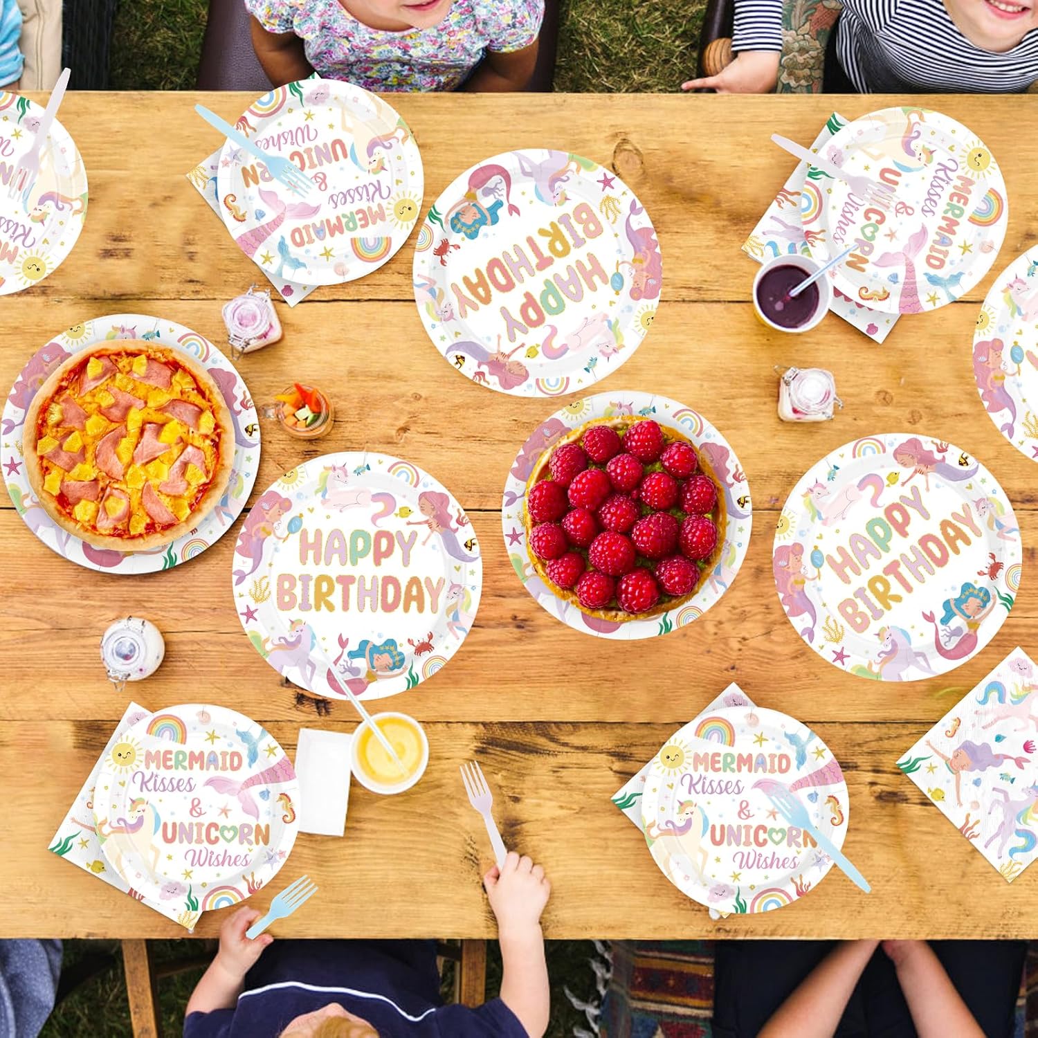 96 Pcs Mermaid Unicorn Birthday Party Decorations Cartoon Mermaid Paper Plates and Napkins Magical Pastel Rainbow Unicorn Tableware Sets for Girls Happy Birthday Baby Shower Party Supplies Serves 24