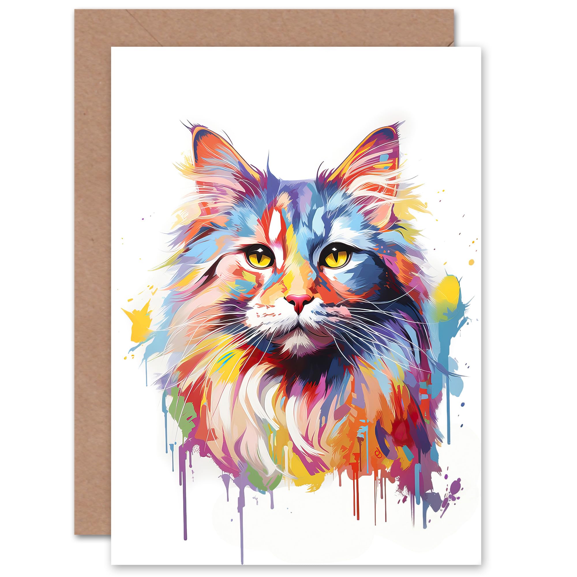Artery8 Siberian Cat Lover Gift Pet Portrait Pastel Colour Rainbow Artwork Painting Sealed Greeting Card Plus Envelope Blank inside